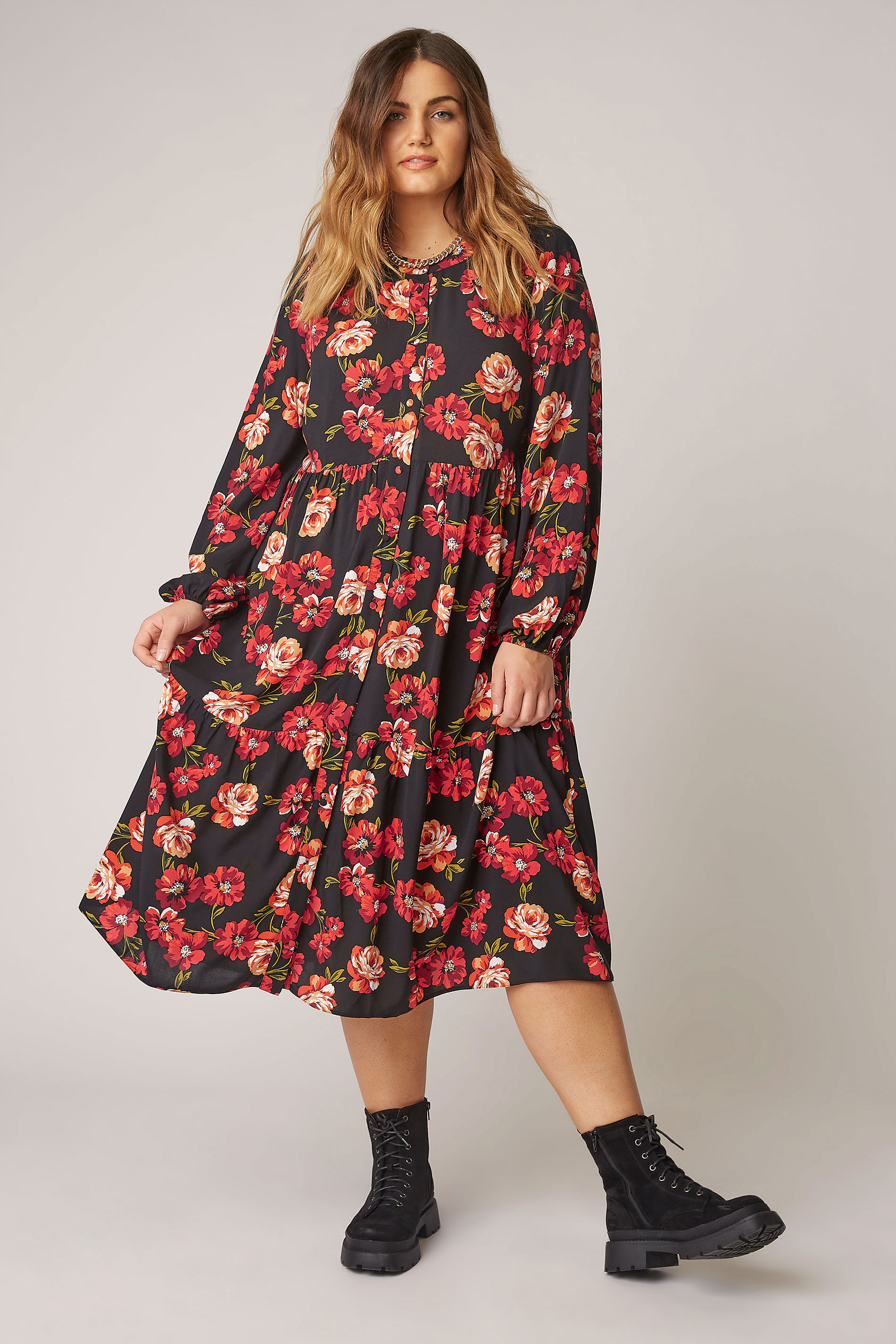 THE LIMITED EDIT Black Floral Smock Tiered Shirt Dress_A.jpg