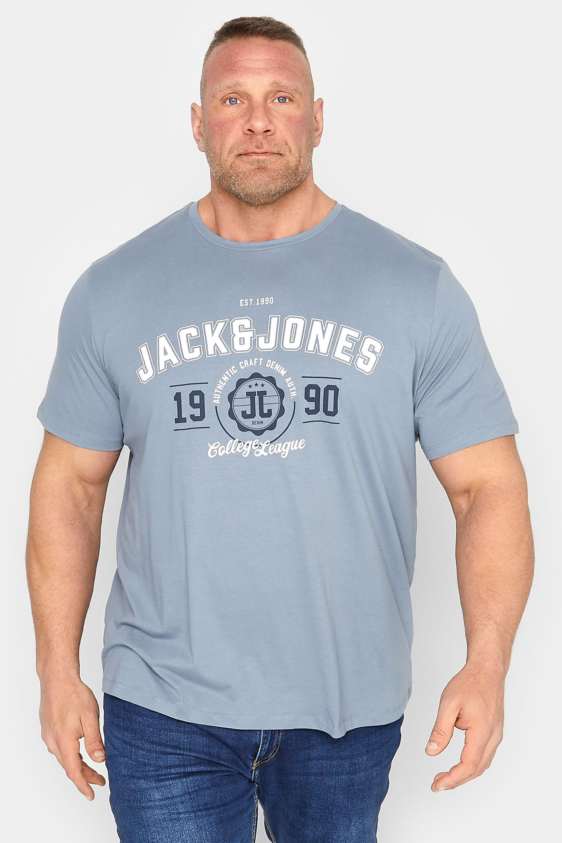 JACK & JONES Big & Tall Light Blue Printed Crew Neck T-Shirt | BadRhino 1