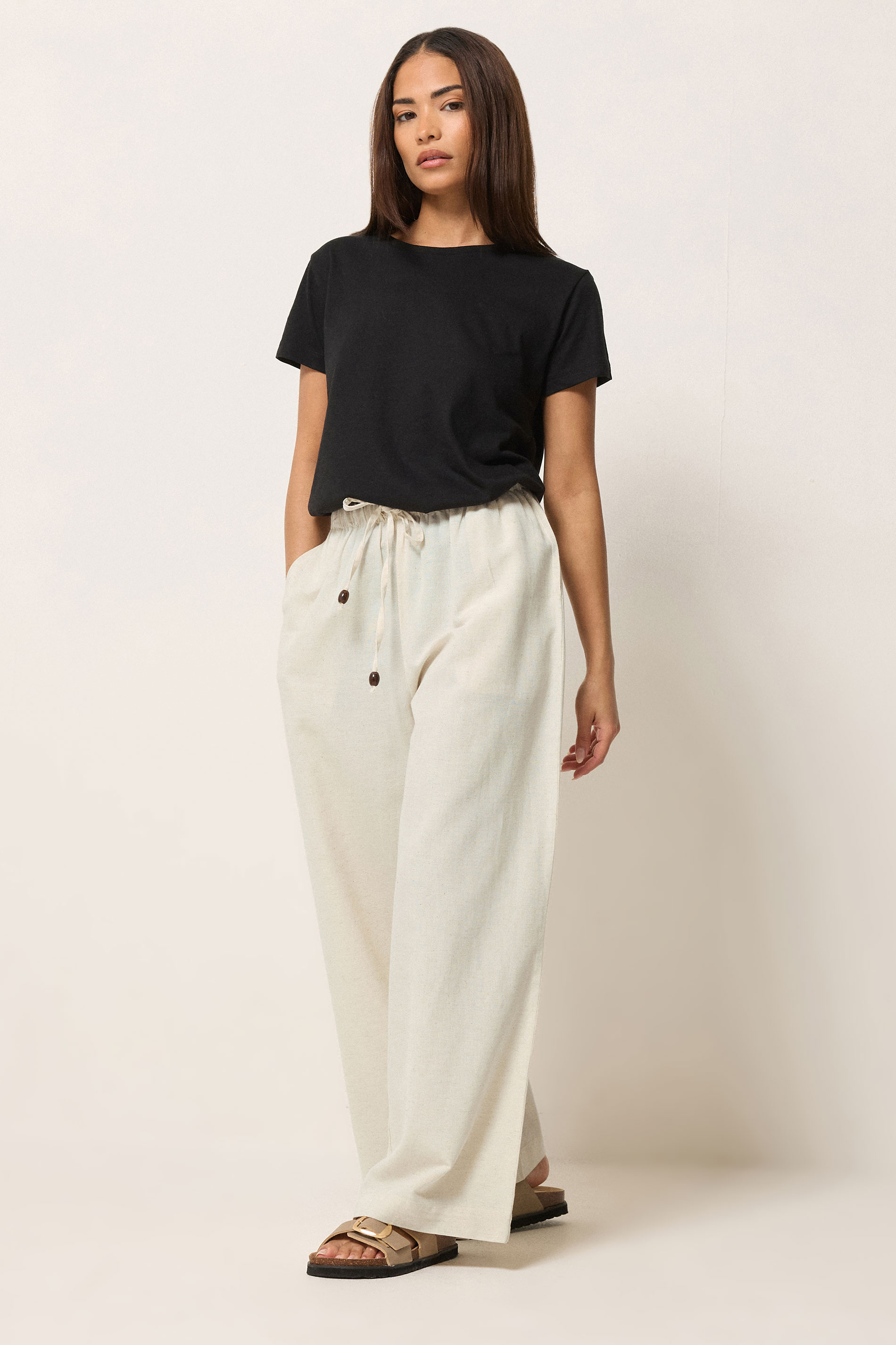 PixieGirl Petite Women's Natural Brown Beaded Linen Wide Leg Trousers | PixieGirl 1
