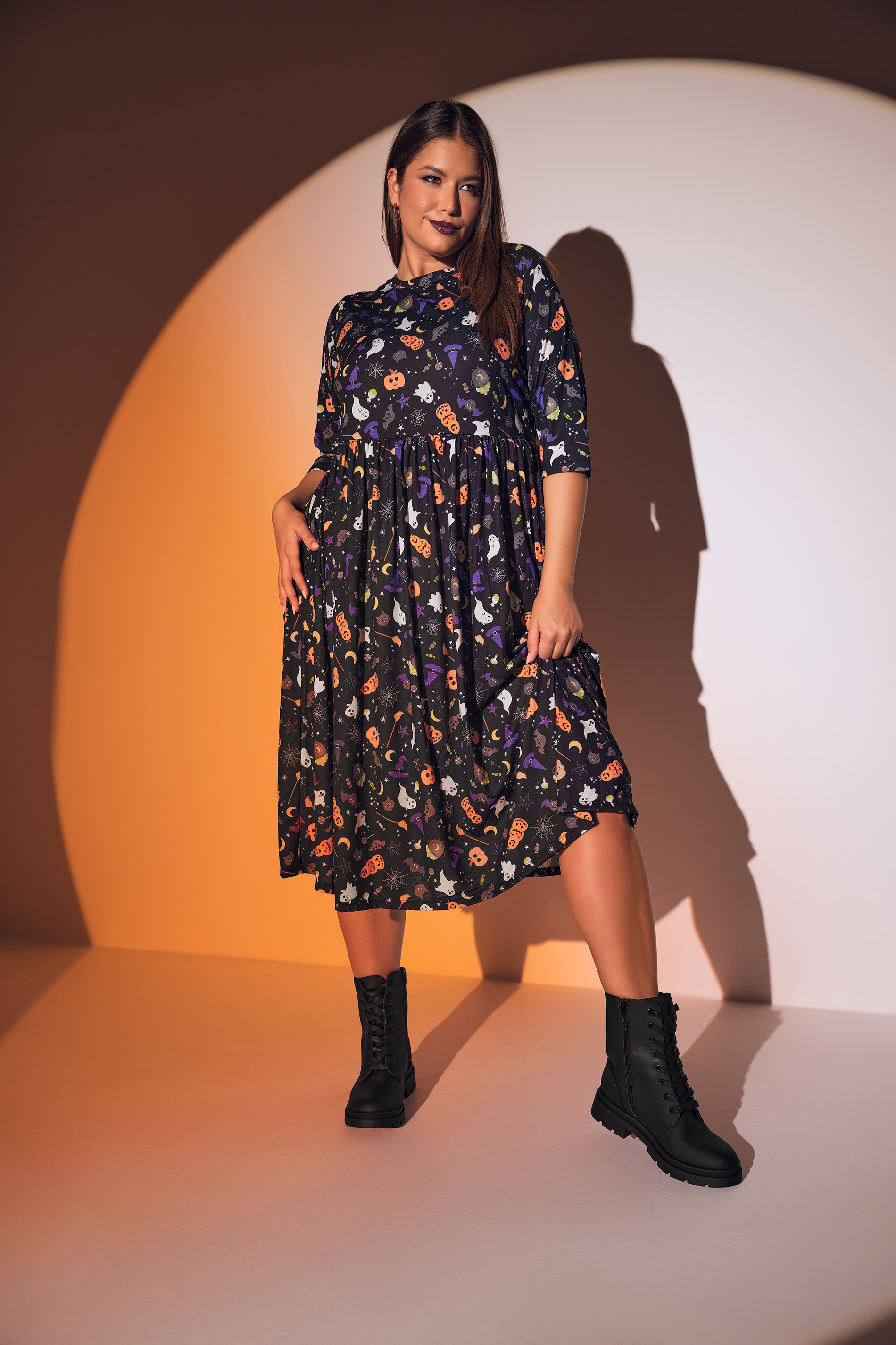 LIMITED COLLECTION Curve Black Halloween Print Smock Midaxi Dress 1