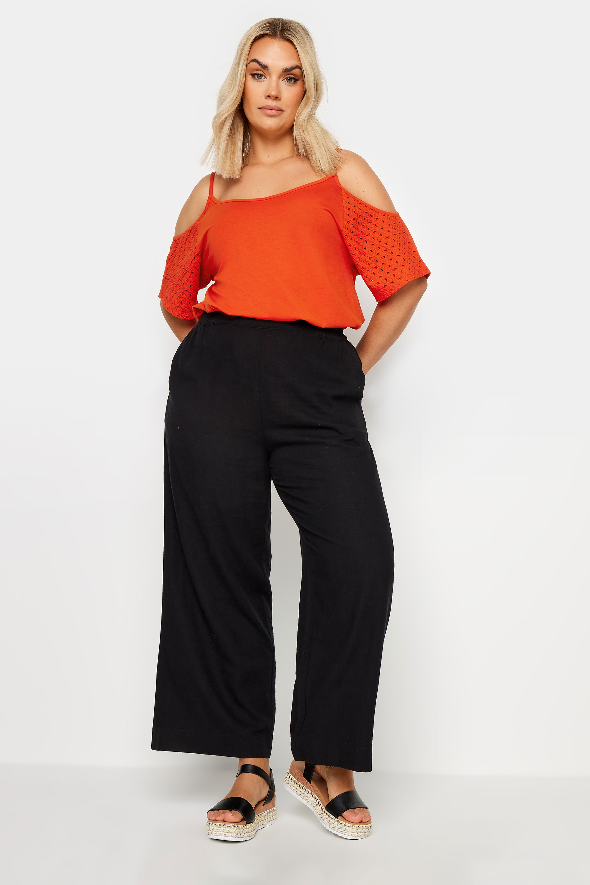 YOURS Plus Size Orange Broderie Anglaise Cold Shoulder Top | Yours Clothing 2