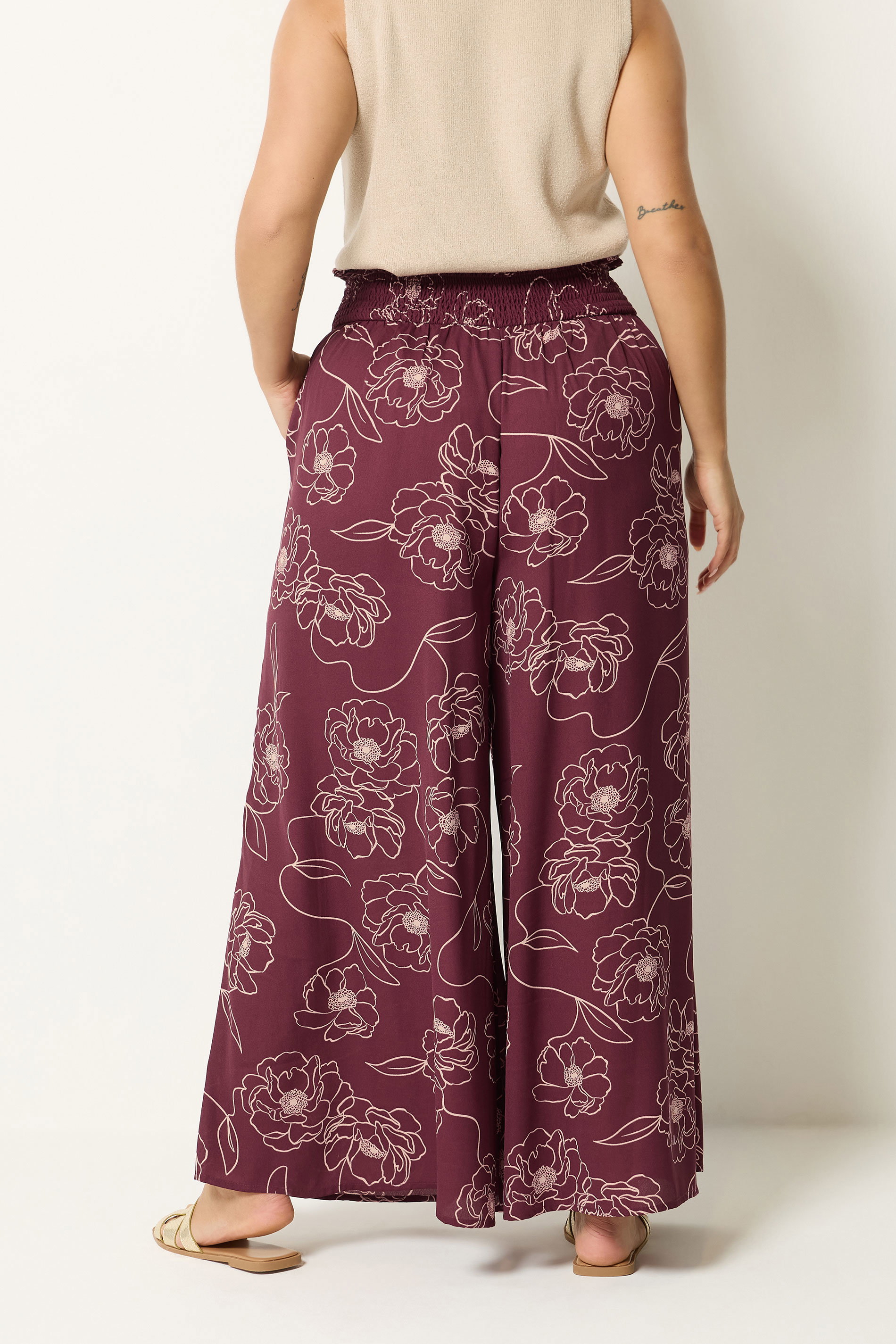 YOURS Plus Size Burgundy Red Floral Wide Leg Trousers | Yours Clothing 2