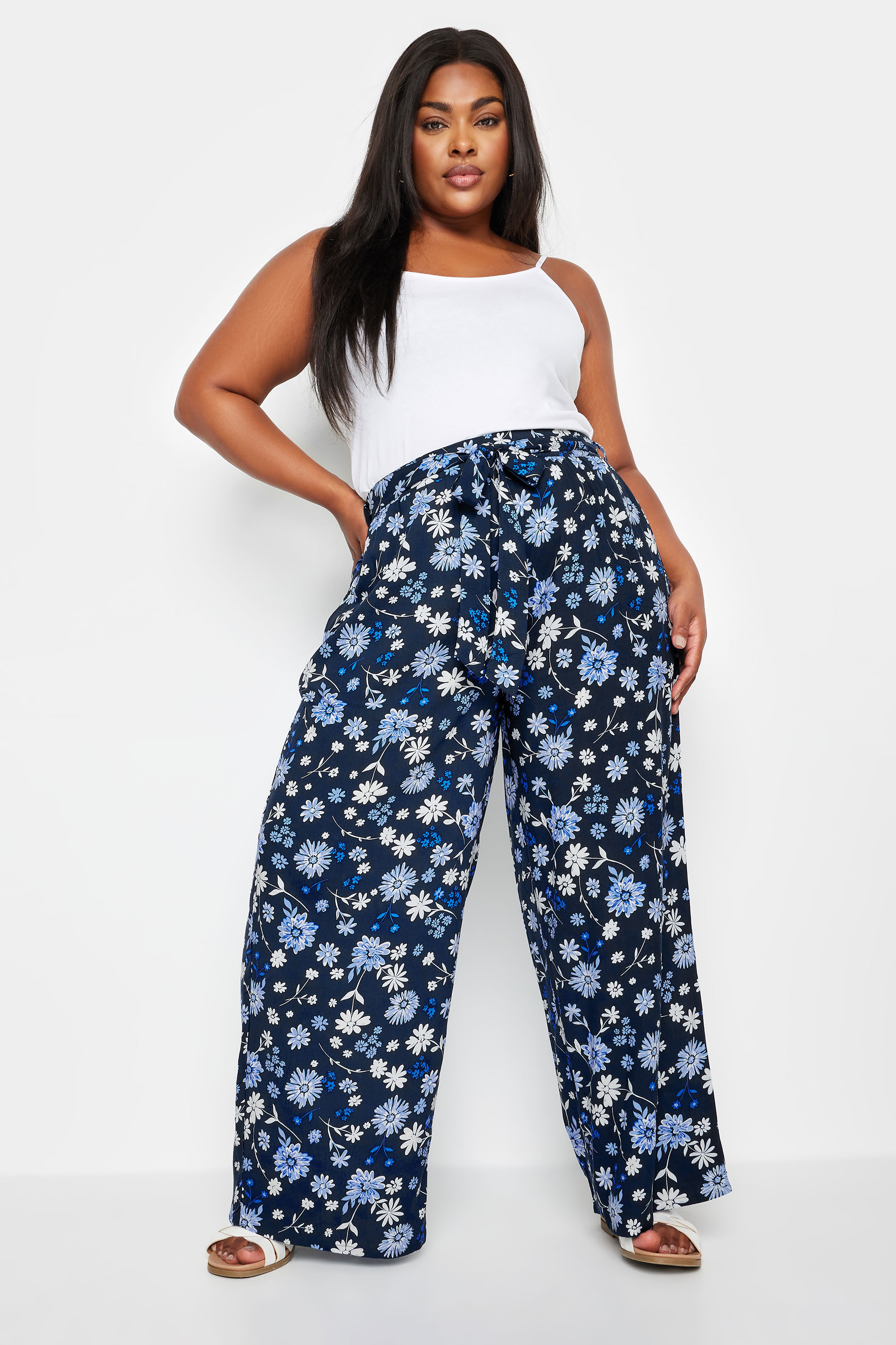 YOURS Plus Size Navy Blue Floral Print Wide Leg Trousers | Yours Clothing 2