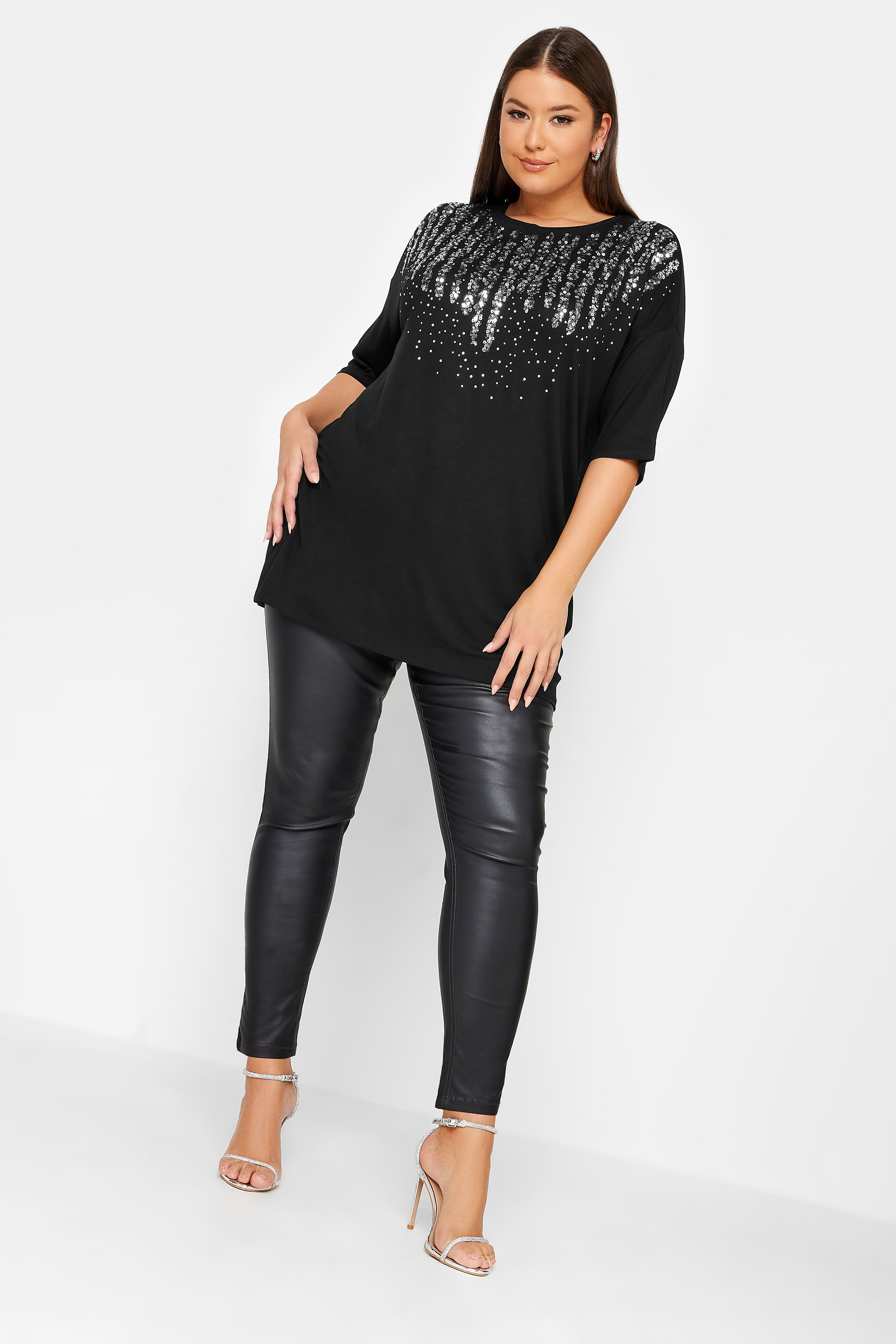 YOURS Plus Size Black Sequin Embellished Neckline T-Shirt | Yours Clothing 2