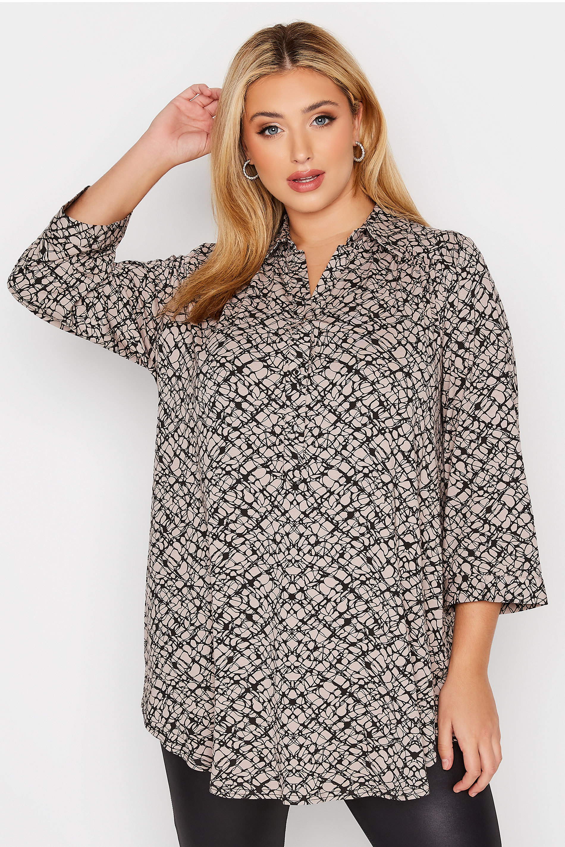 Curve Charcoal Grey & Black Half Placket Abstract Pattern Shirt | Yours Clothing  1