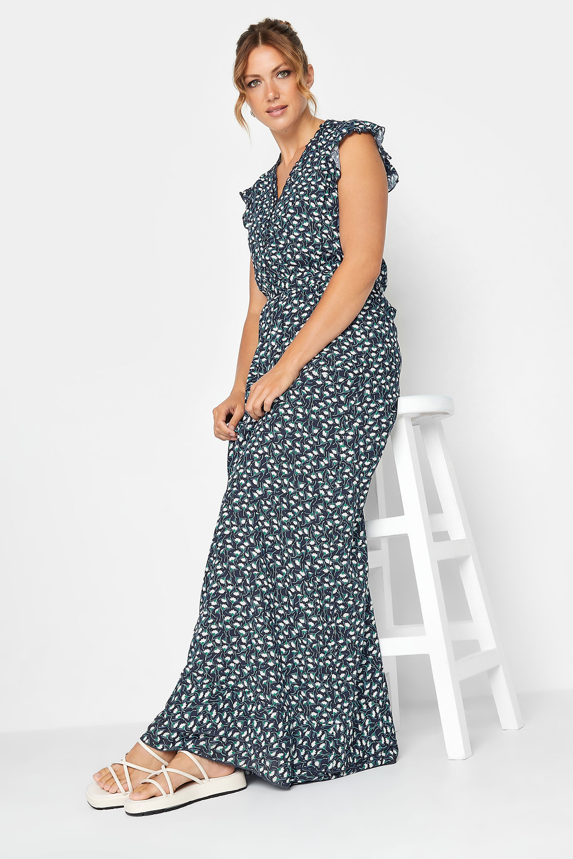 LTS Tall Women's Navy Blue Daisy Print Frill Maxi Dress | Long Tall Sally 1