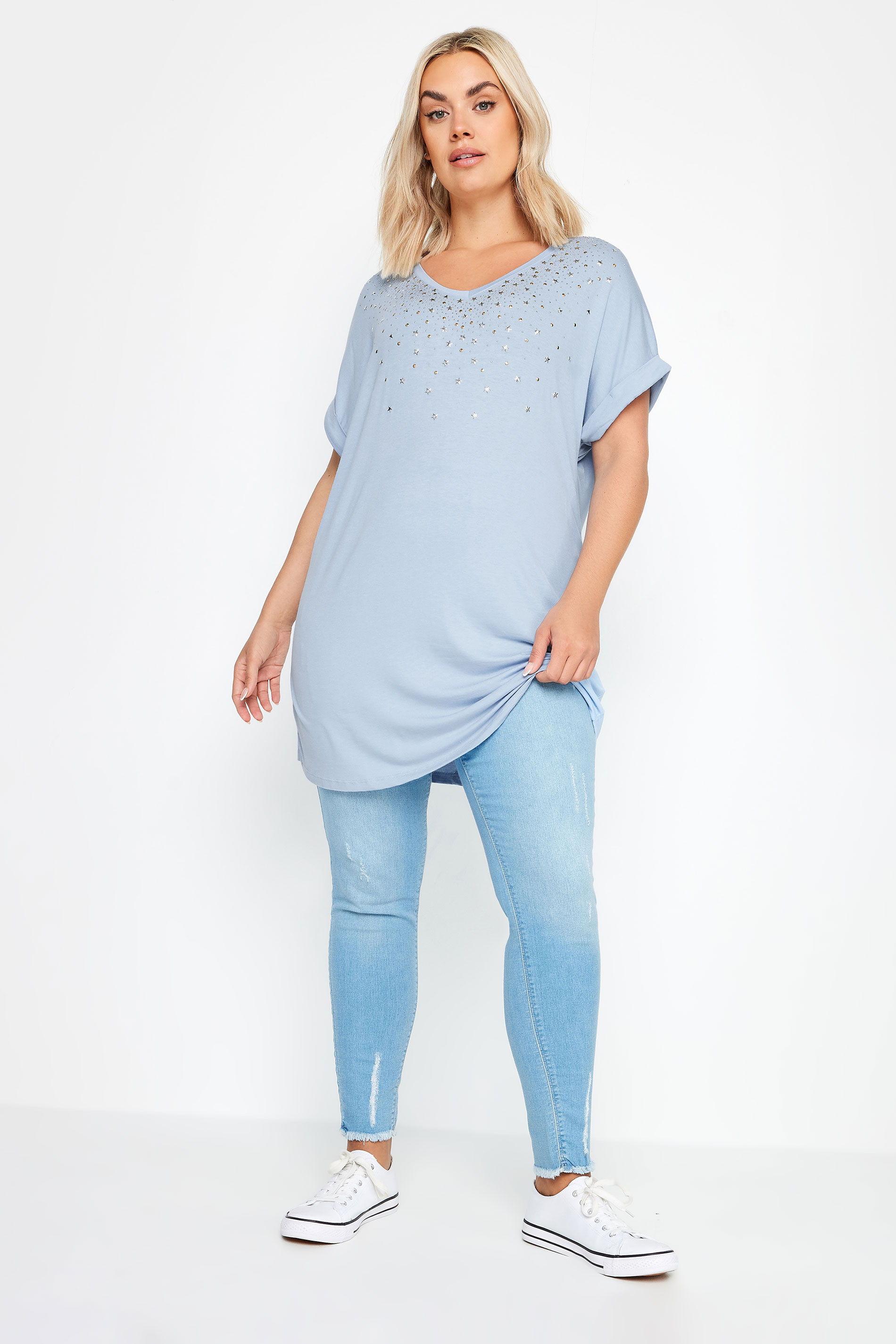 YOURS Plus Size Light Blue Sequin Star Embellished T-Shirt | Yours Clothing 2