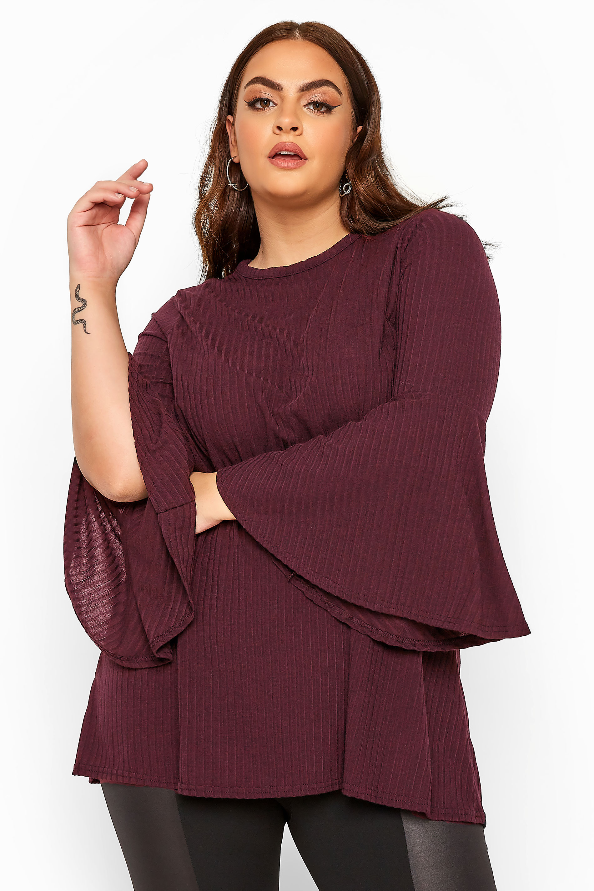 LIMITED COLLECTION Plum Ribbed Flare Sleeve Top | Yours Clothing