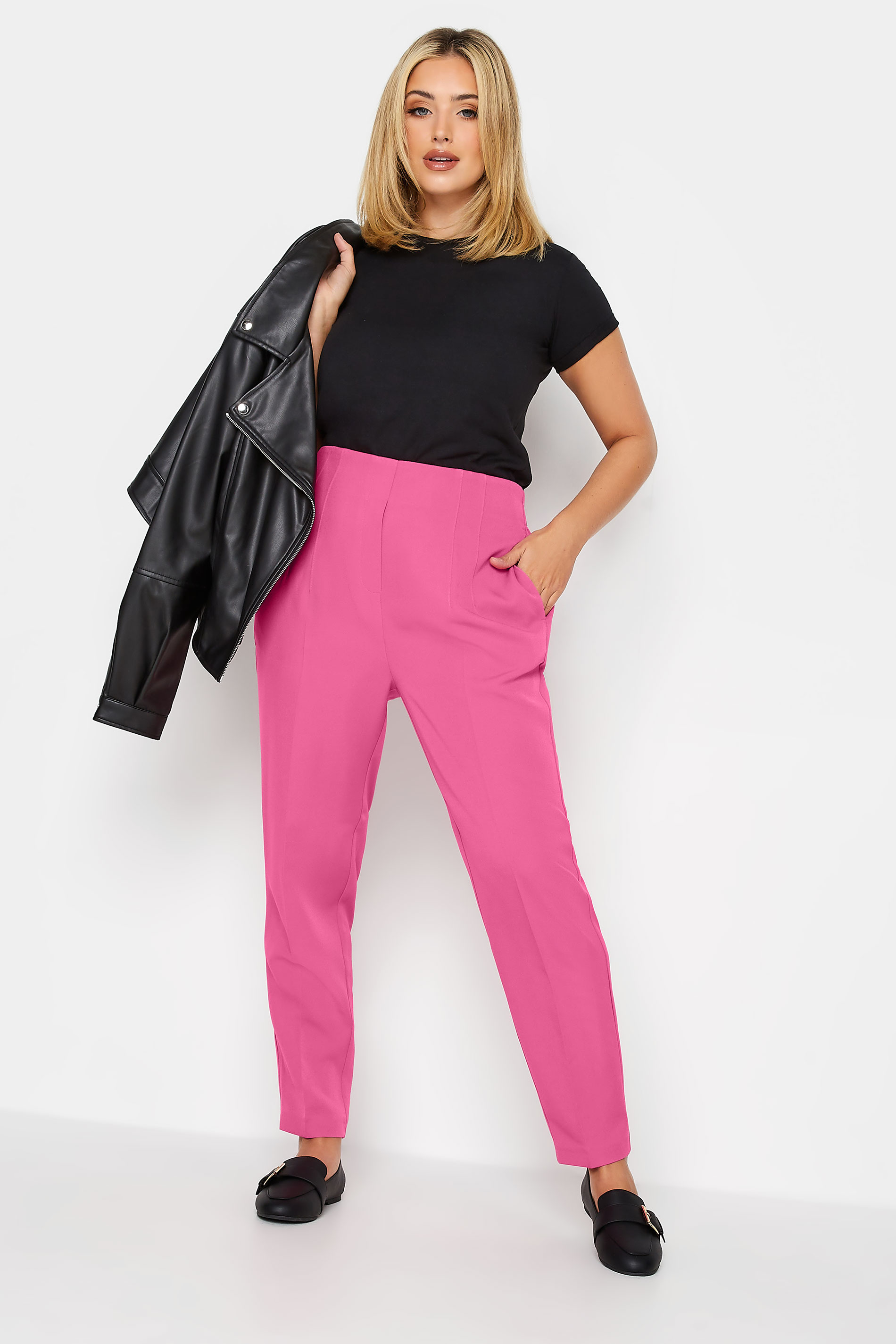 YOURS Plus Size Curve Bright Pink Darted Waist Tapered Trousers | Yours Clothing  2