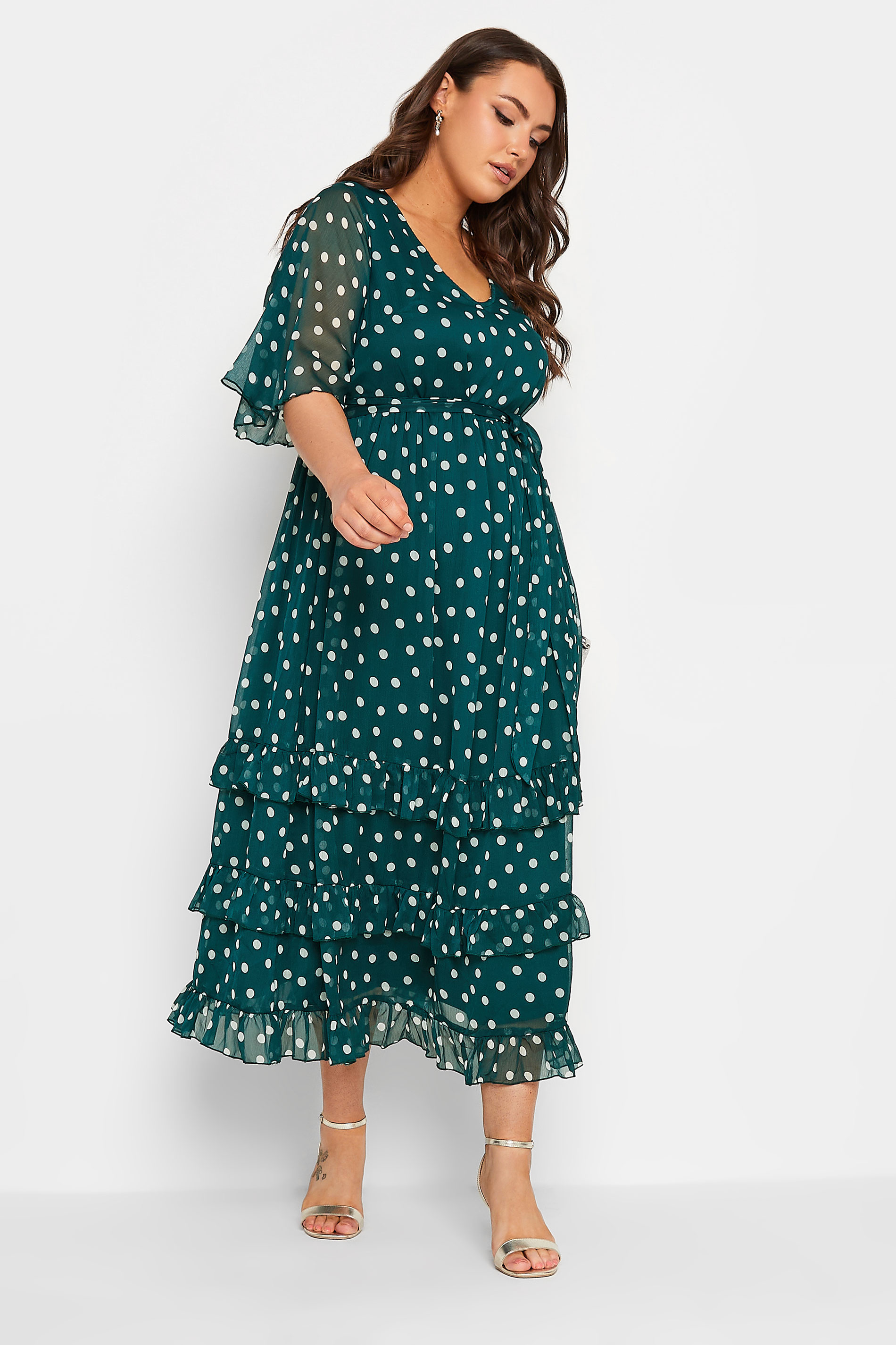 YOURS LONDON Plus Size Green Polka Dot Ruffle Maxi Dress | Yours Clothing 2