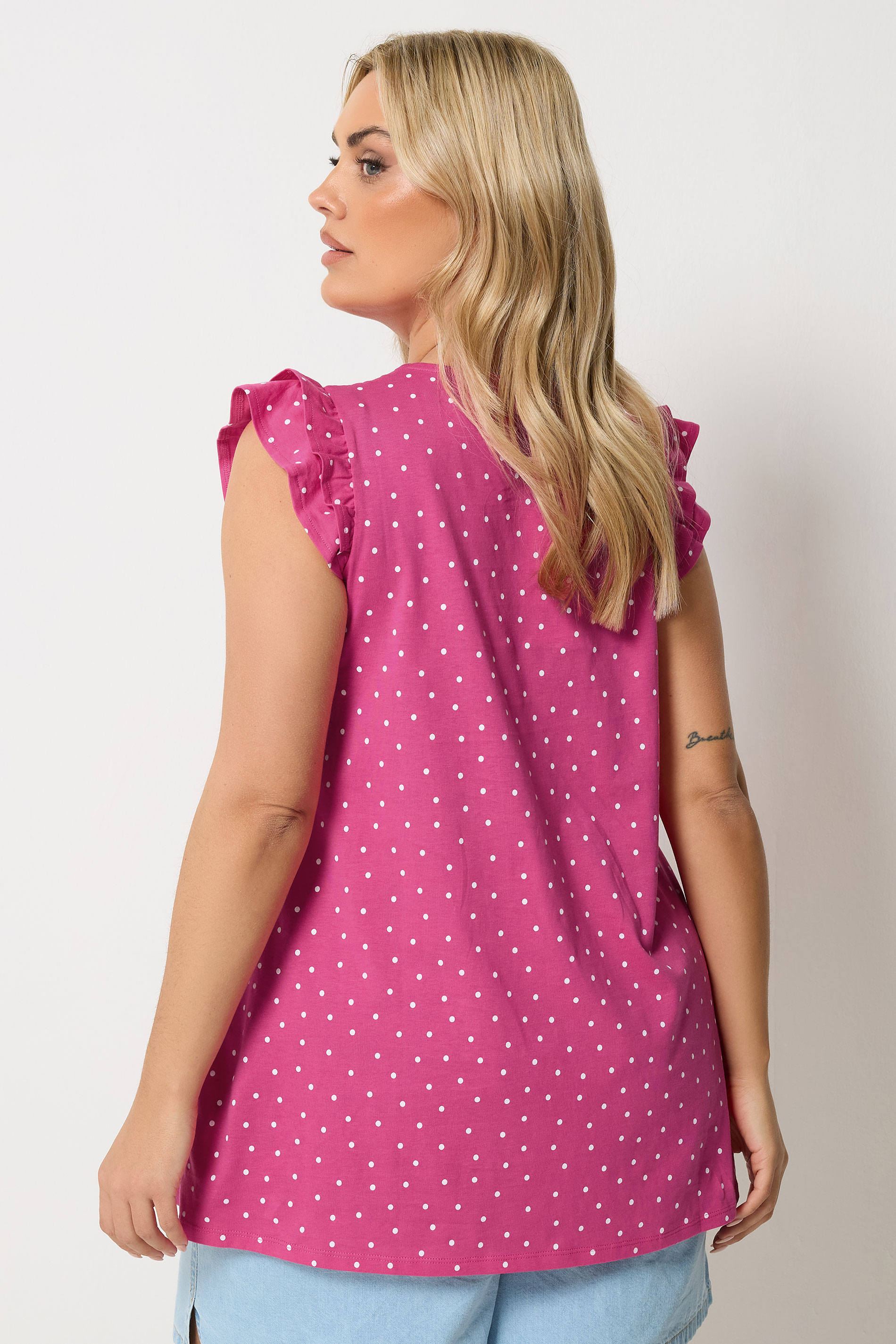 YOURS Plus Size Pink Polka Dot Frill Sleeve Vest Top | Yours Clothing 2