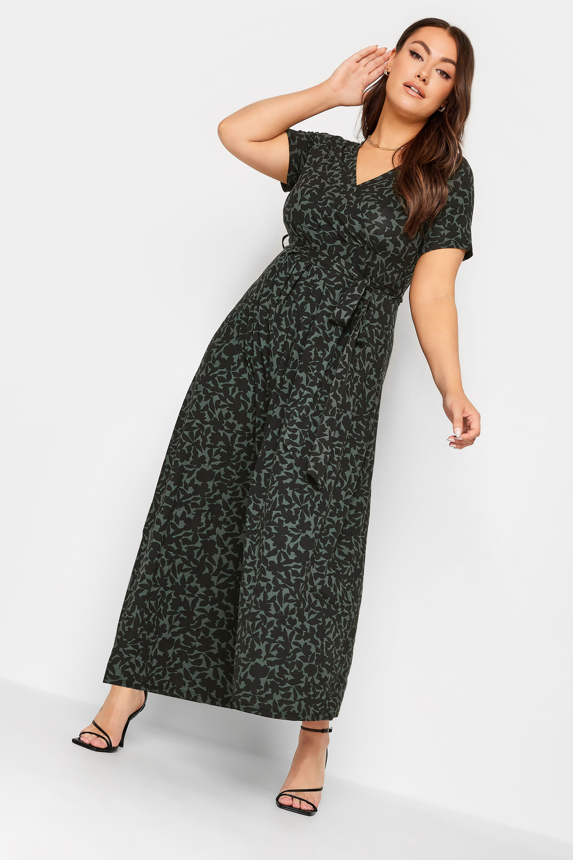 YOURS Plus Size Khaki Green Floral Print Wrap Maxi Dress | Yours Clothing 1