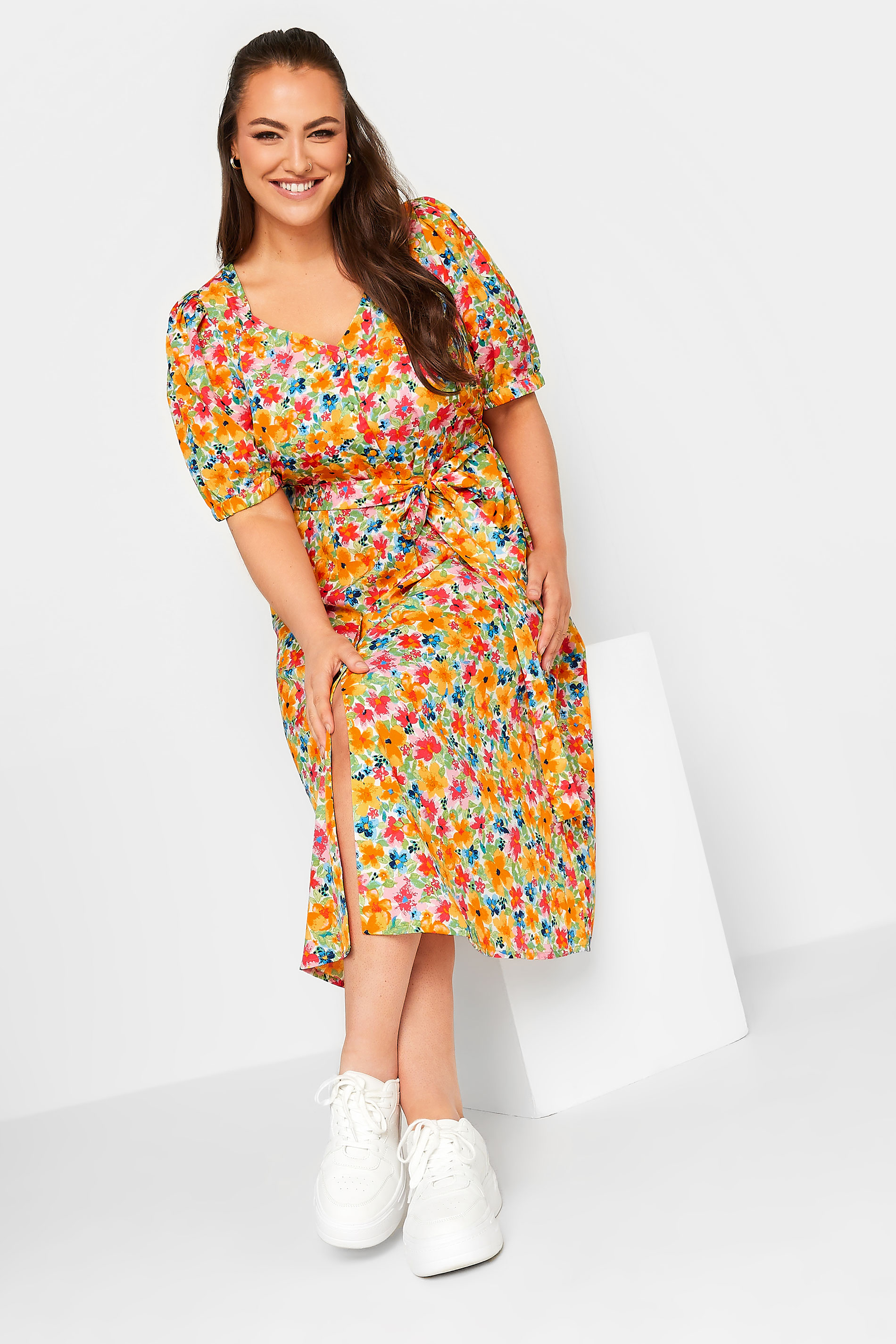 YOURS Curve Orange Sweetheart Neckline Floral Print Tea Dress | Yours Clothing 2