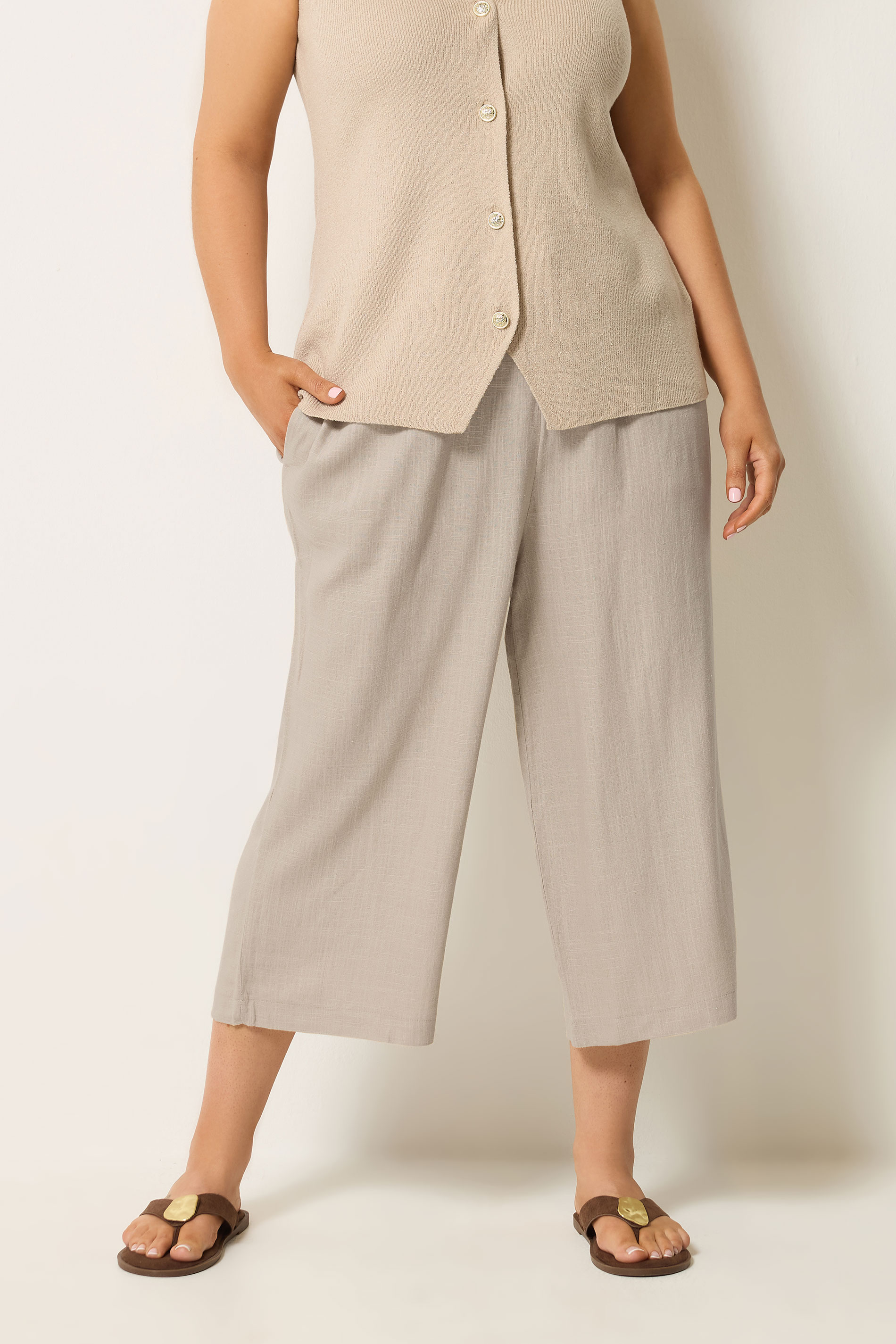 YOURS Plus Size Natural Brown Cropped Wide Leg Linen Trousers | Yours Clothing 1