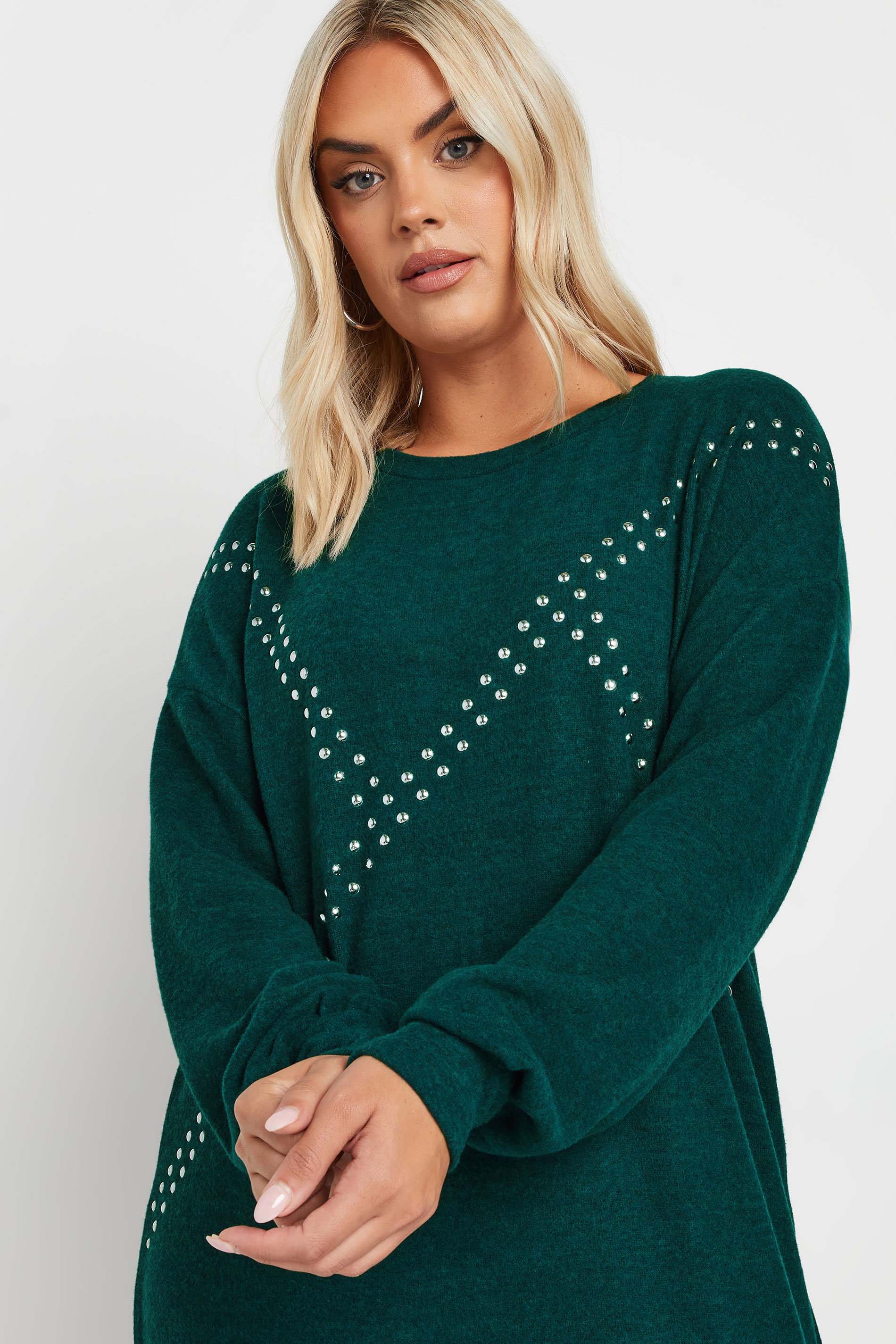 YOURS Plus Size Green Stud Jumper Dress | Yours Clothing 4