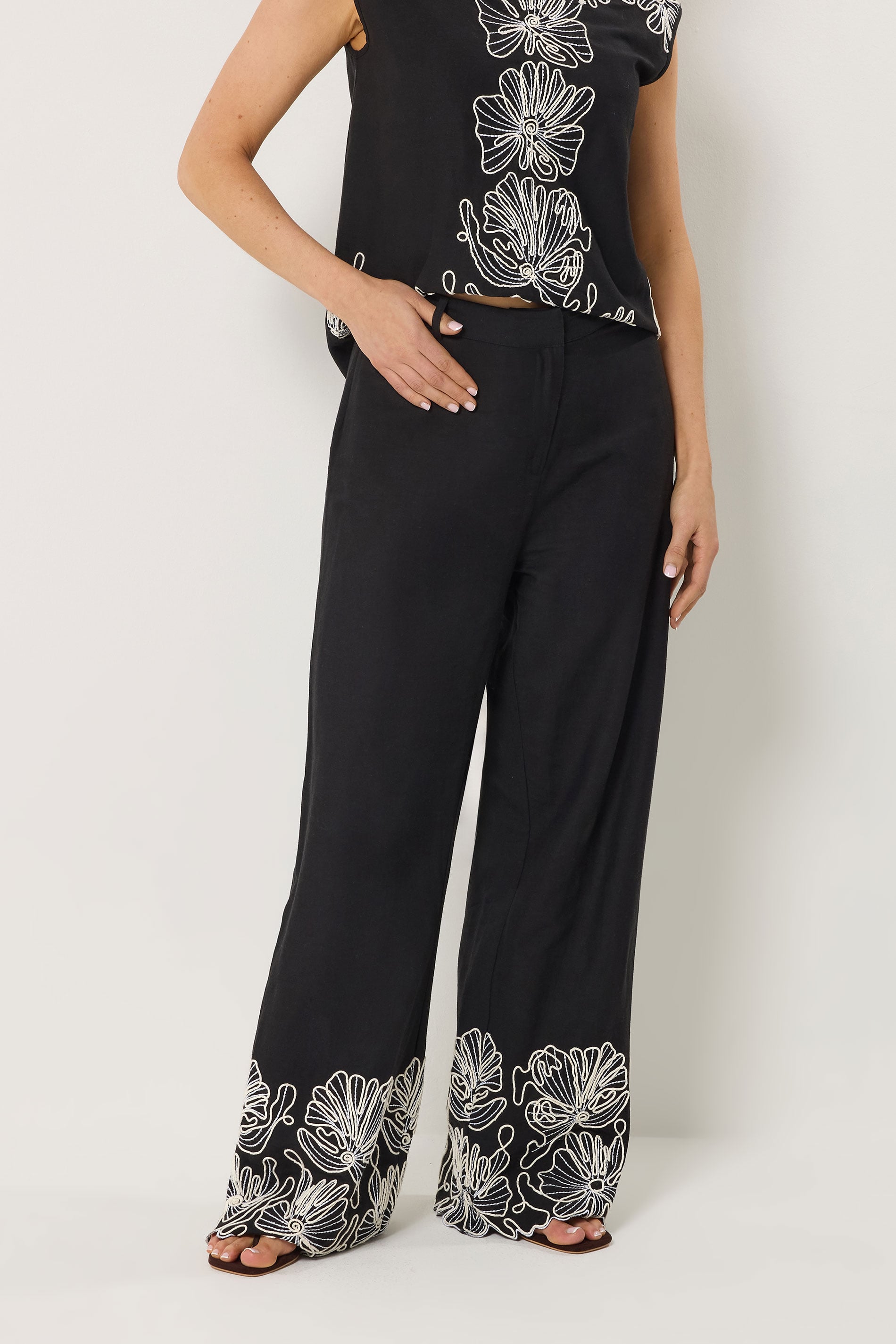 LTS Tall Women's Black Floral Embroidered Linen Wide Leg Trousers | Long Tall Sally 2