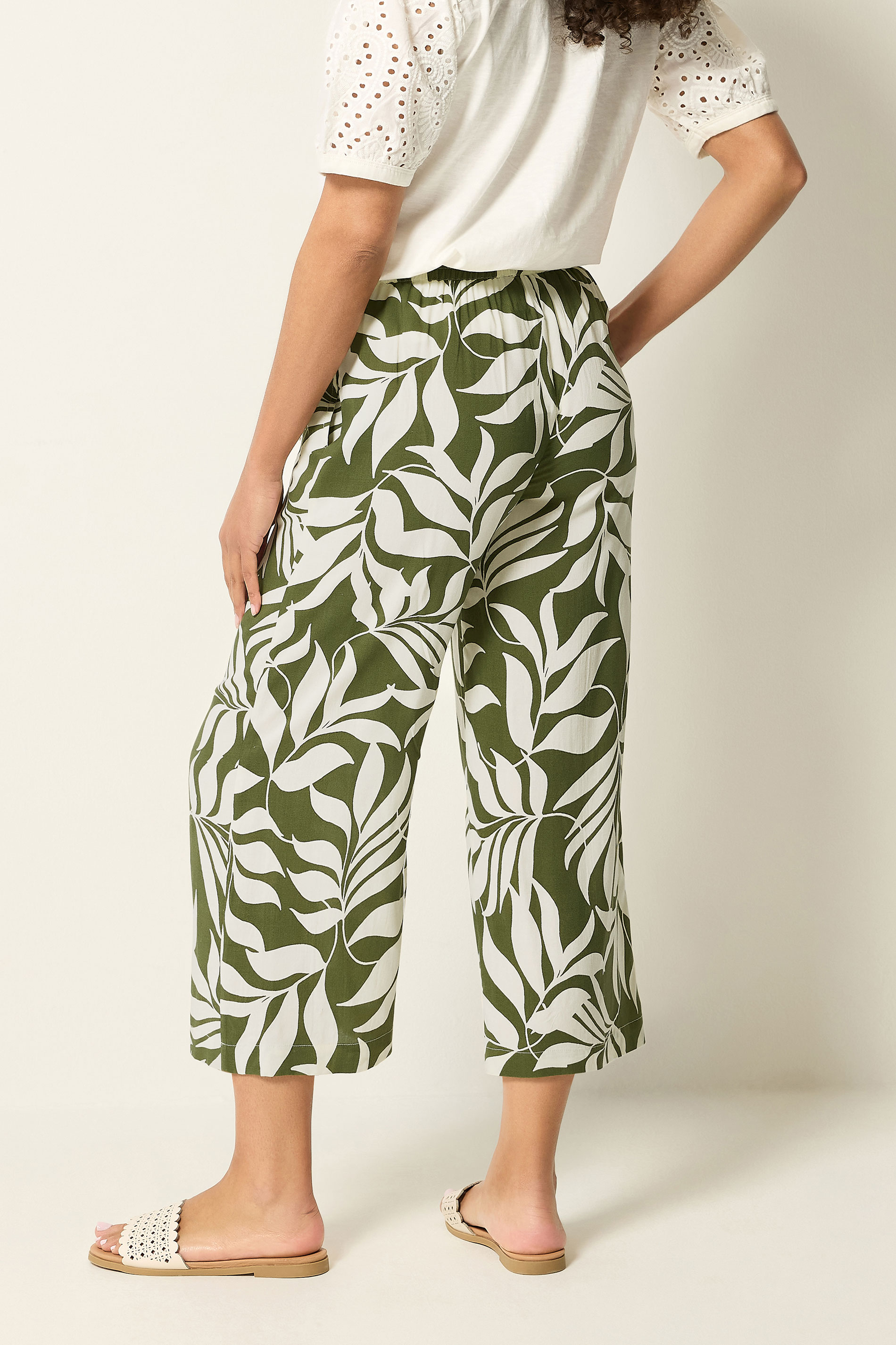 M&Co Khaki Green Leaf Print Cropped Trousers | M&Co 1