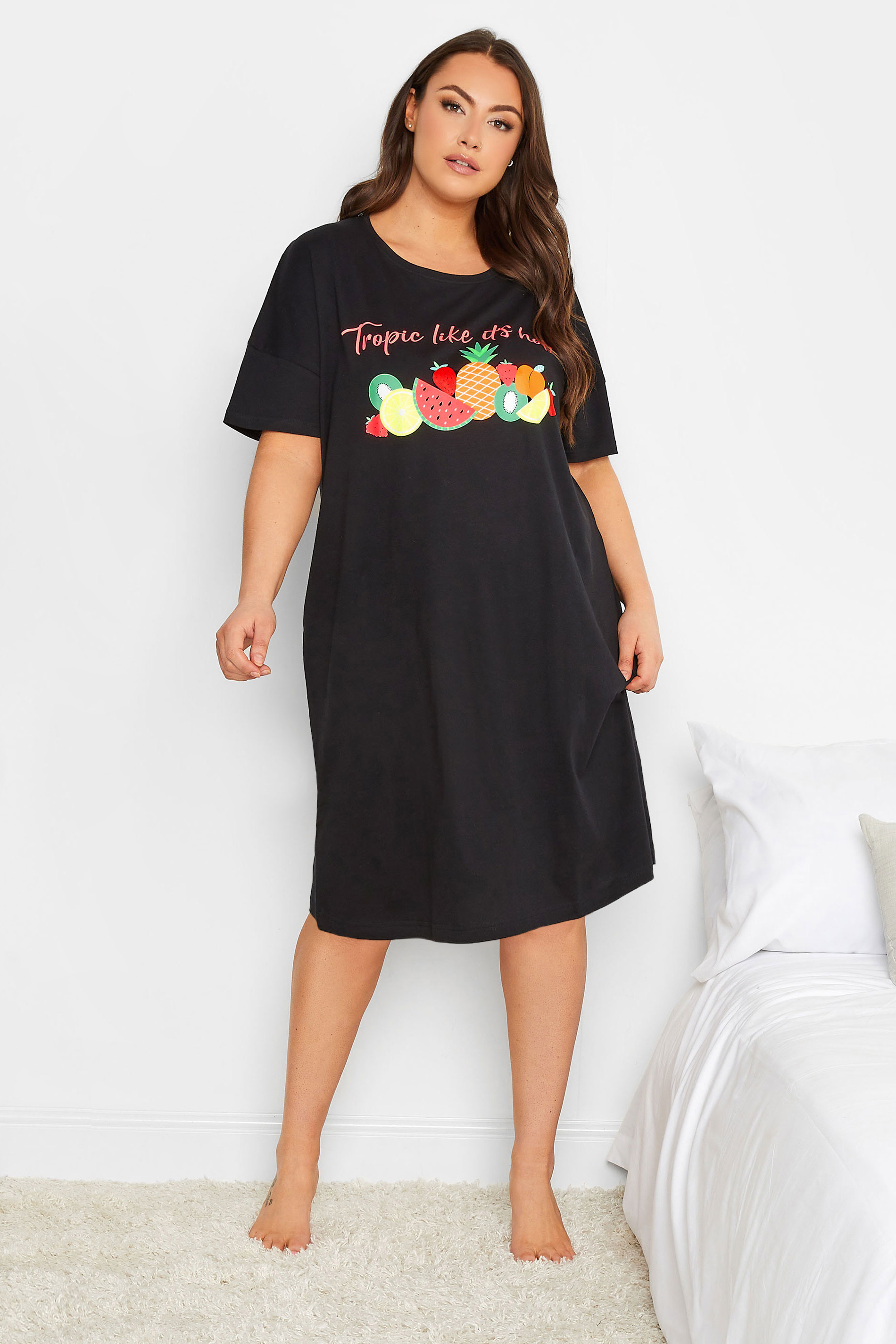 YOURS Plus Size Black 'Tropic Like It's Hot' Fruit Print Sleep Tee Nightdress | Yours Clothing 1