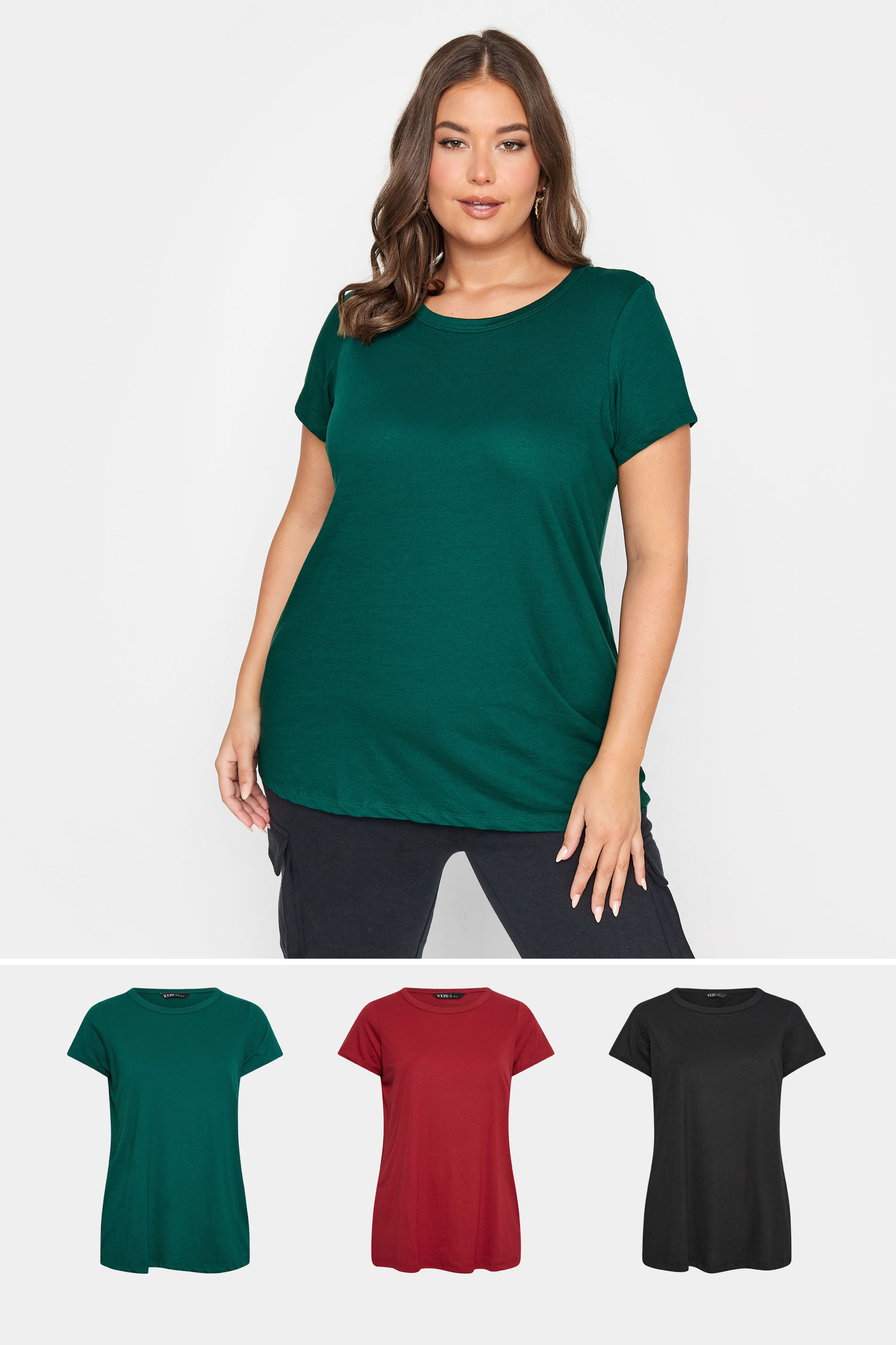 YOURS 3 PACK Plus Size Green & Red T-Shirts | Yours Clothing 1