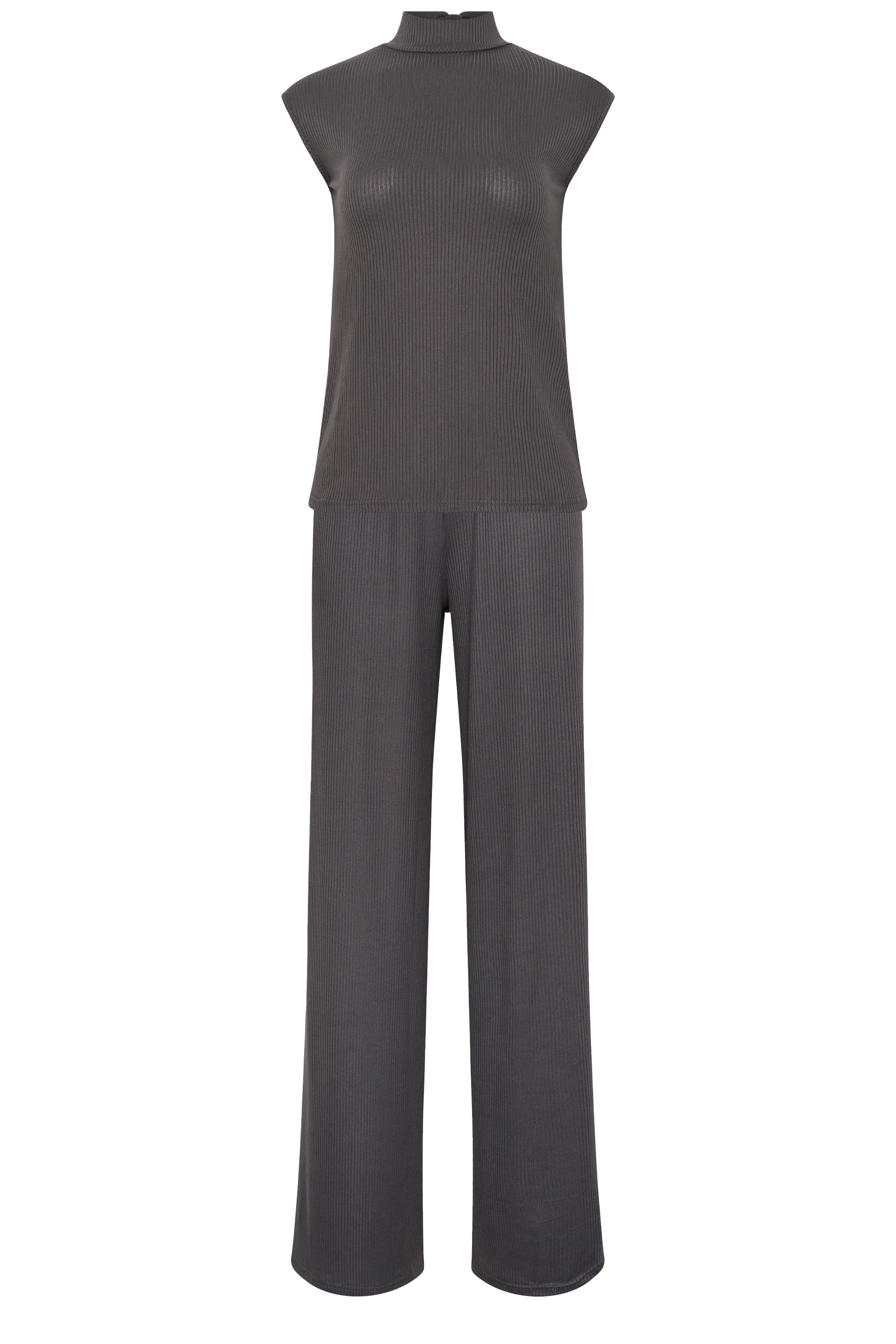 LTS Tall Women's Set Grey Tie Back Ribbed Top & Wide Leg Trousers | Long Tall Sally 6