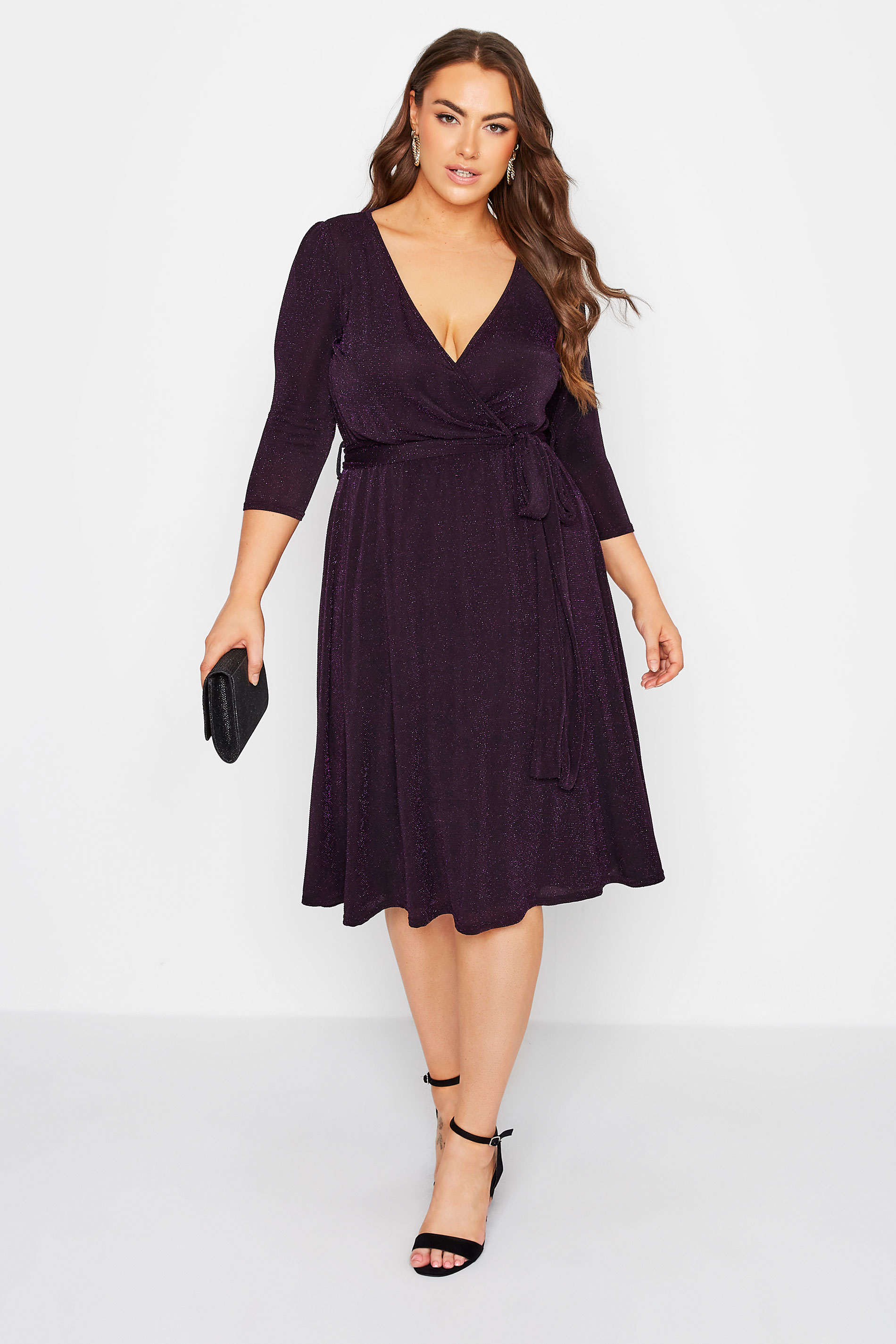 YOURS LONDON Curve Black & Purple Glitter Wrap Dress 1