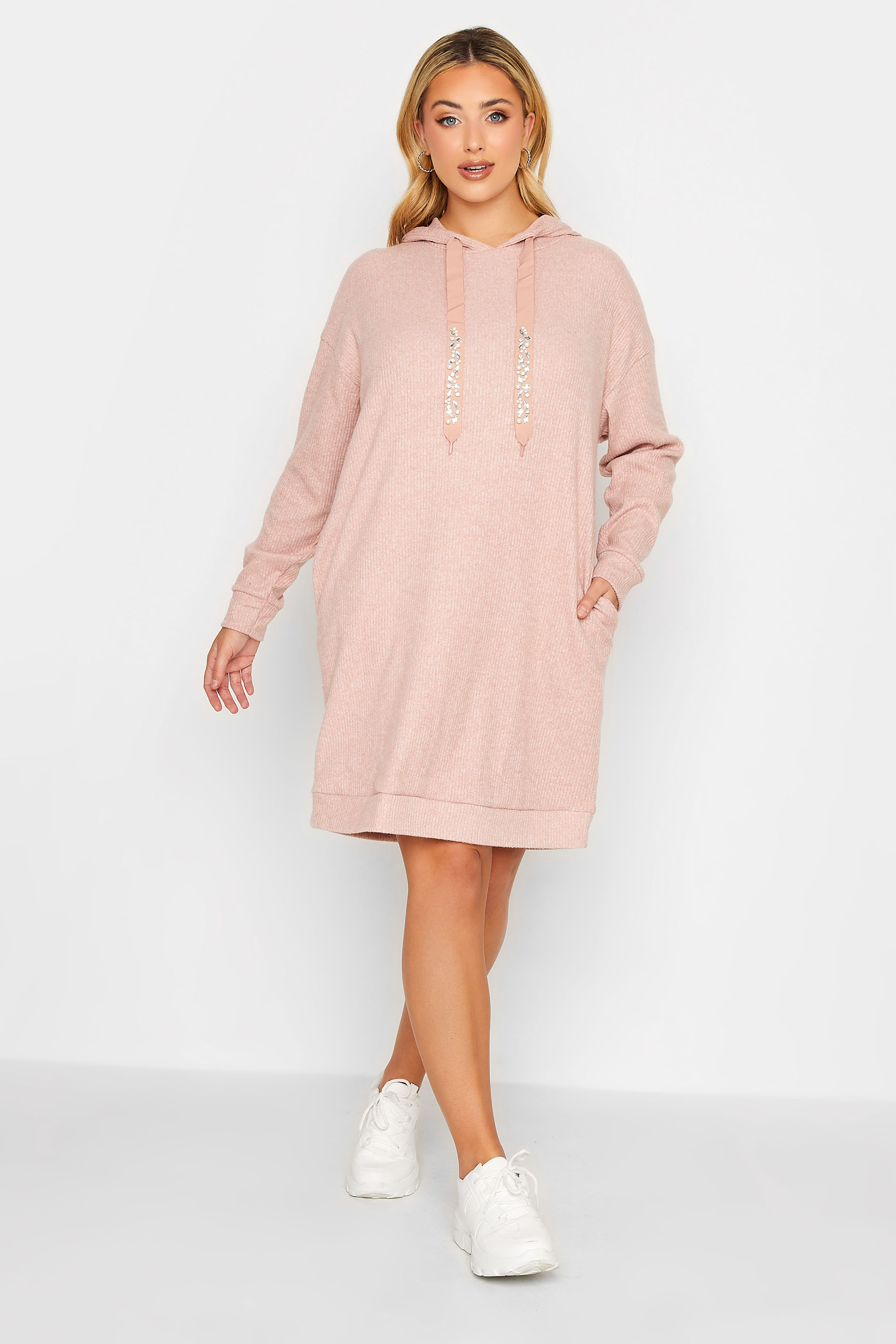 YOURS LUXURY Curve Light Pink Sequin Embellished Drawstrings Ribbed Hoodie Dress 1