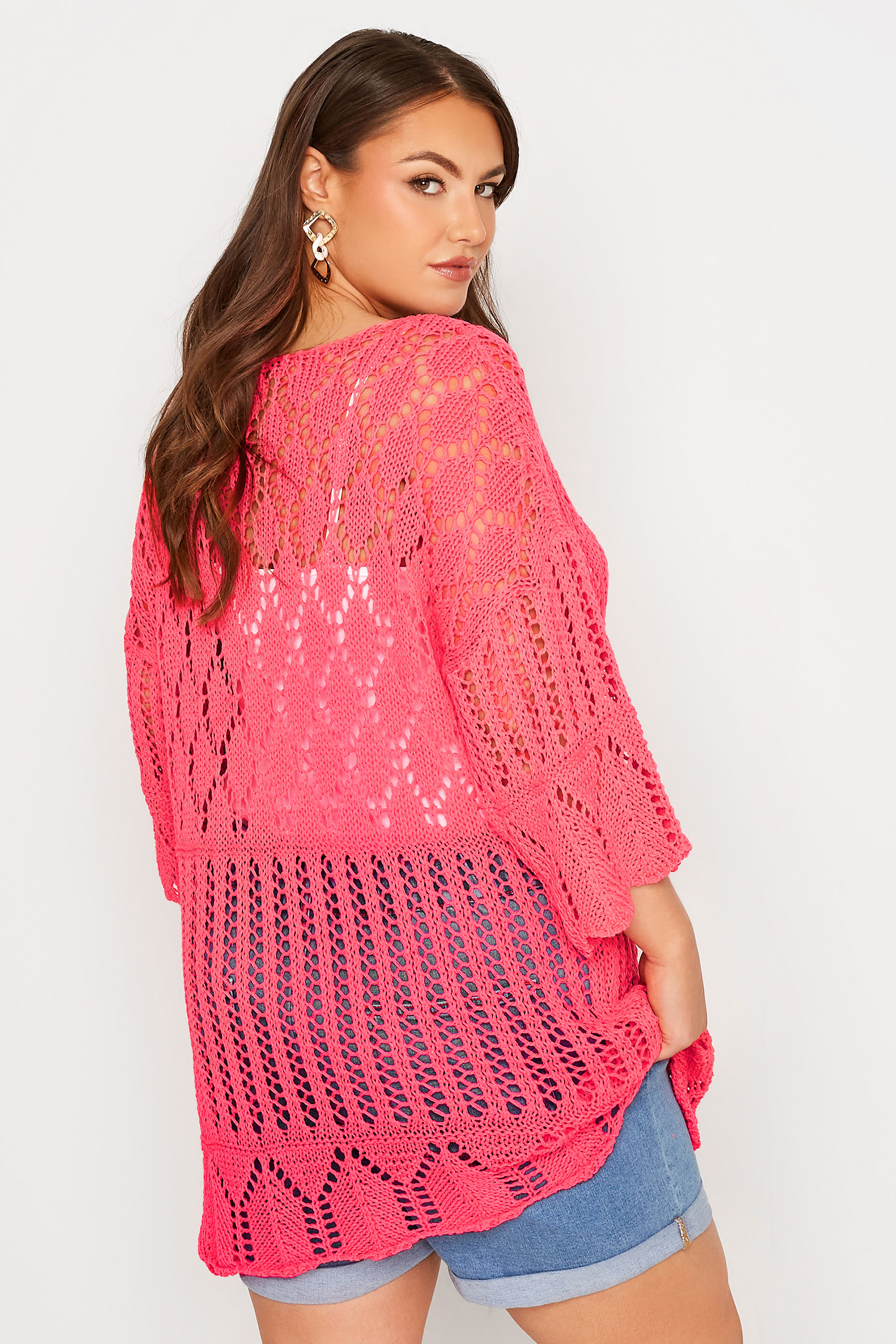 Plus Size Pink Crochet Knit Slash Neck Top | Yours Clothing 3