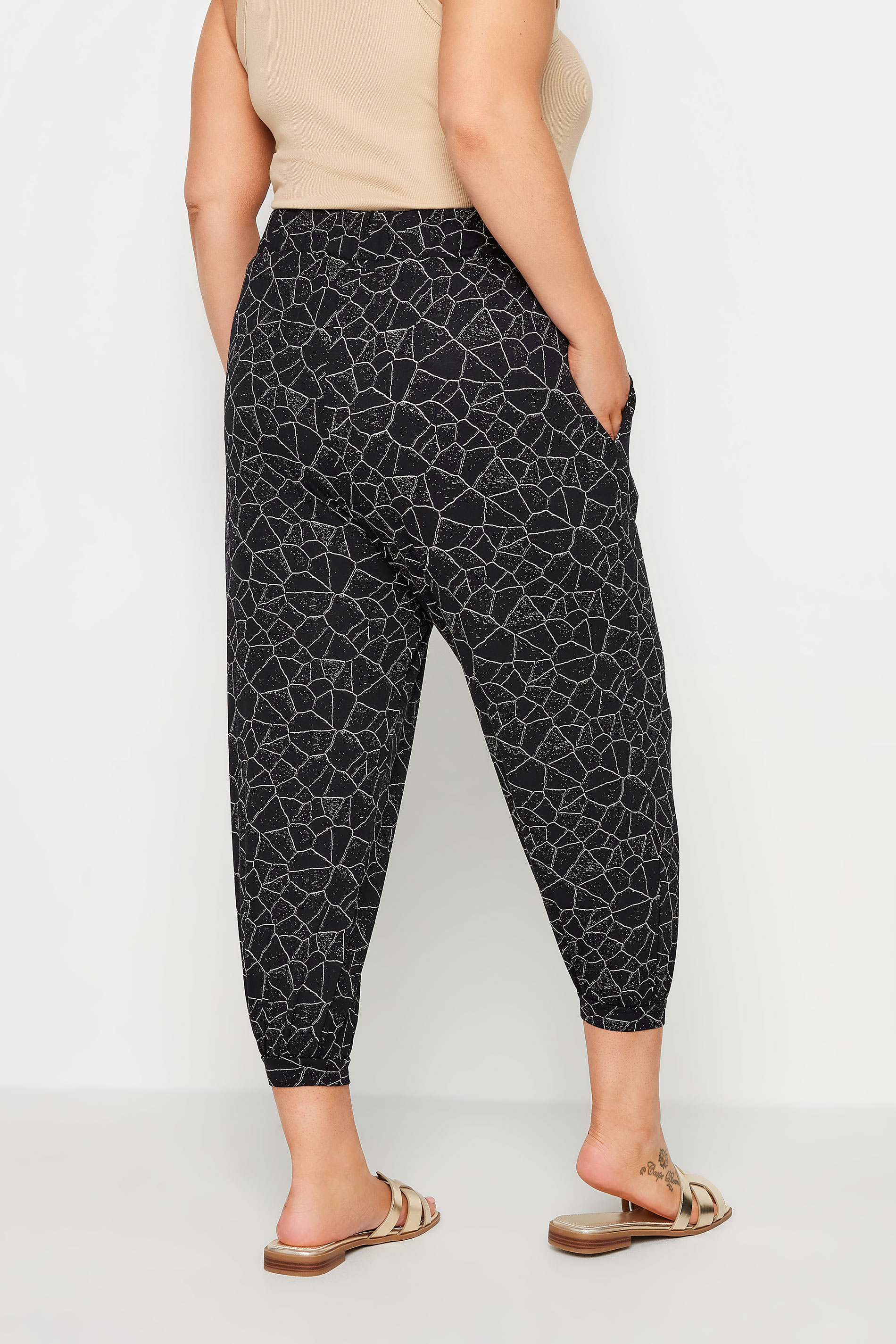 YOURS Plus Size Black Geometric Print Cropped Harem Joggers | Yours Clothing 3