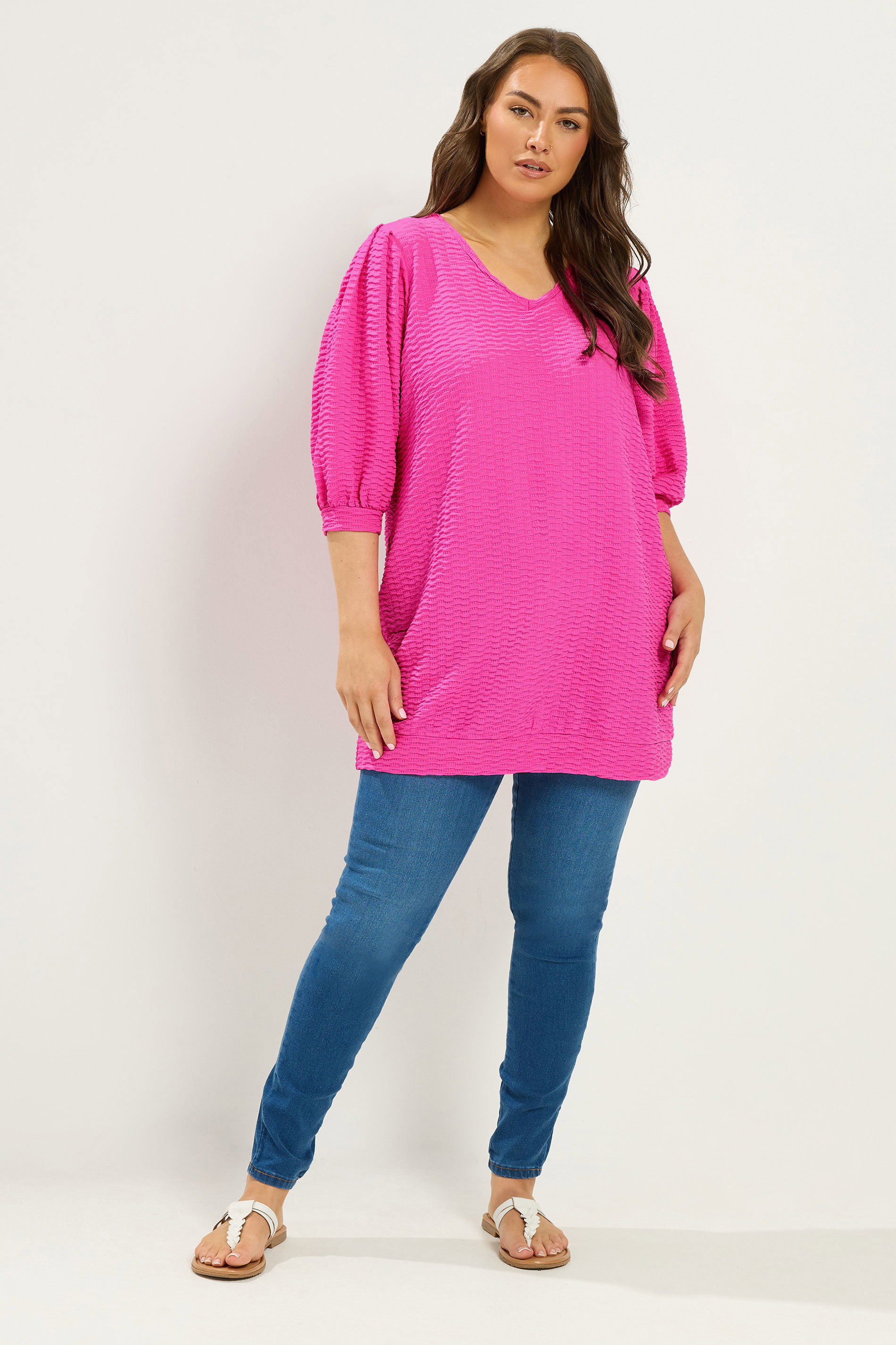 YOURS Plus Size Pink Textured Balloon Sleeve Top | Yours Clothing 1