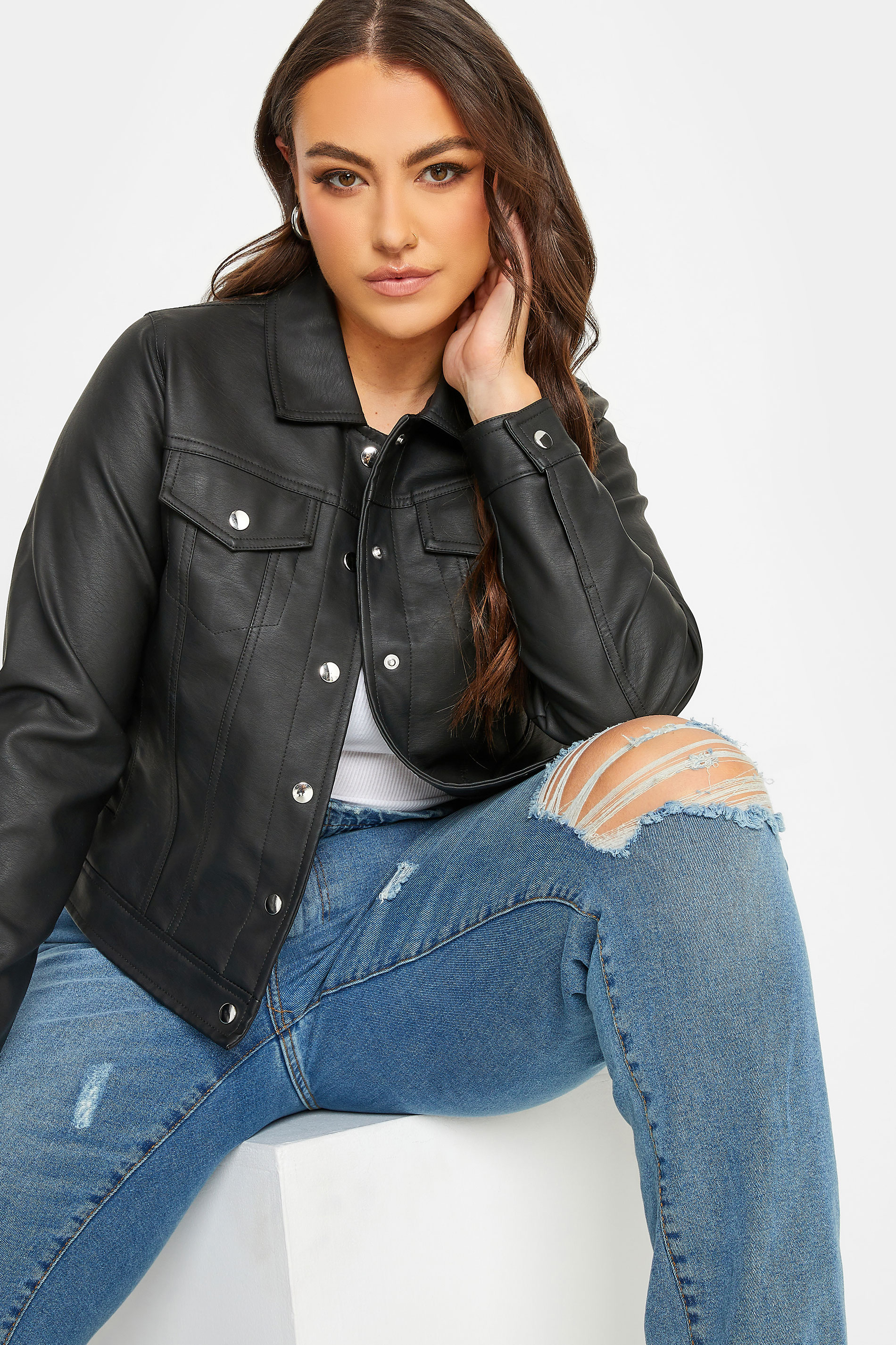 Plus Size Black Faux Leather Button Through Jacket | Yours Clothing 1
