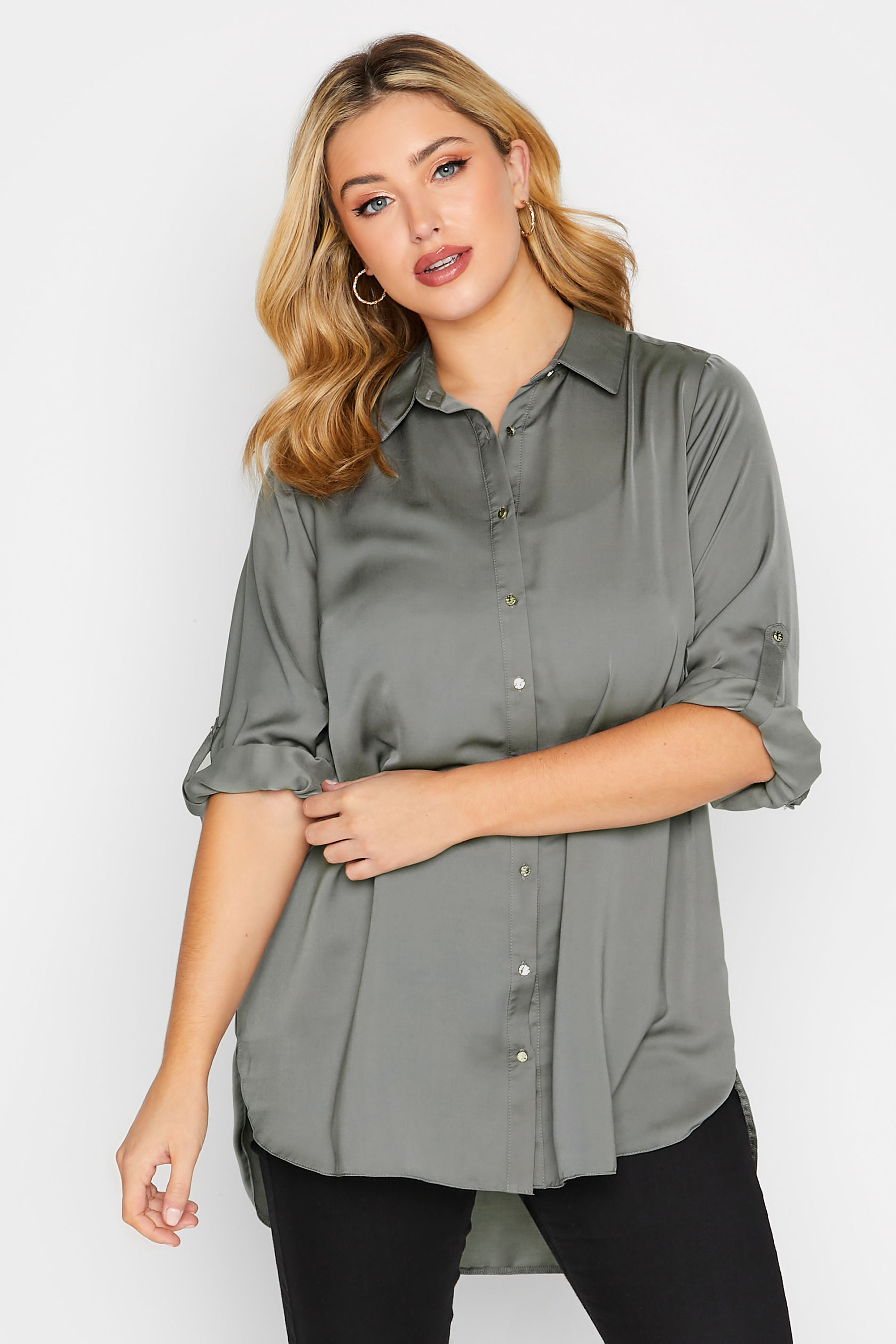 YOURS Plus Size Grey Satin Shirt | Yours Clothing 1