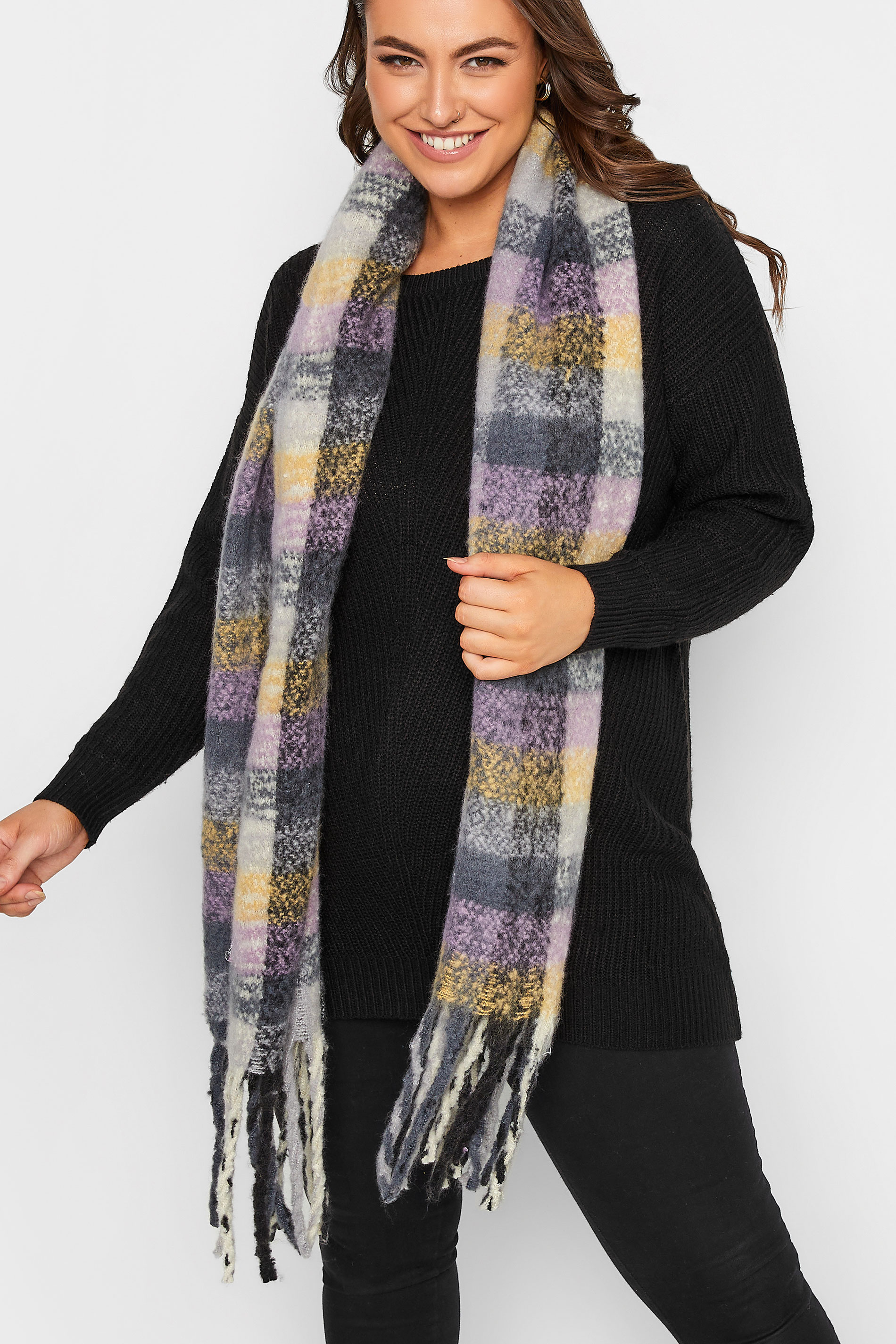 Plus Size Purple Check Print Super Soft Scarf | Yours Clothing 1