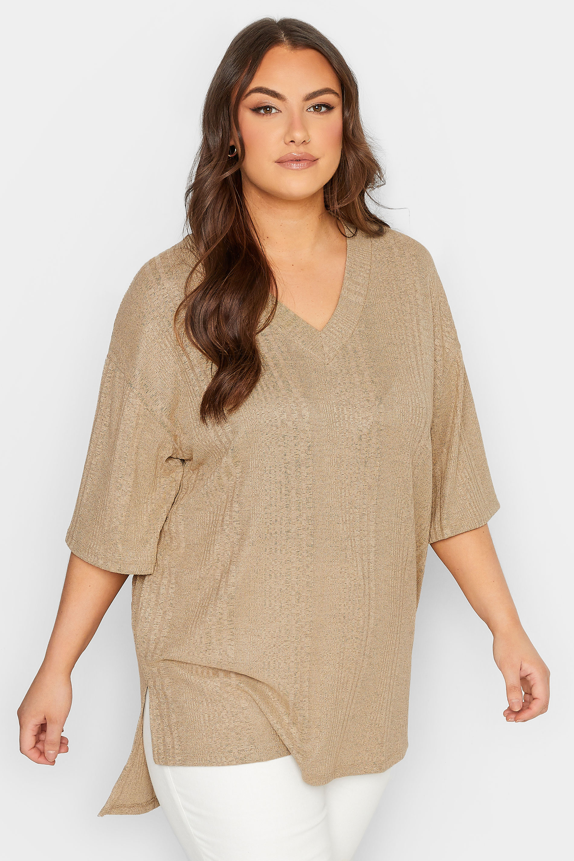 Plus Size Beige Brown Textured V-Neck Top | Yours Clothing 1