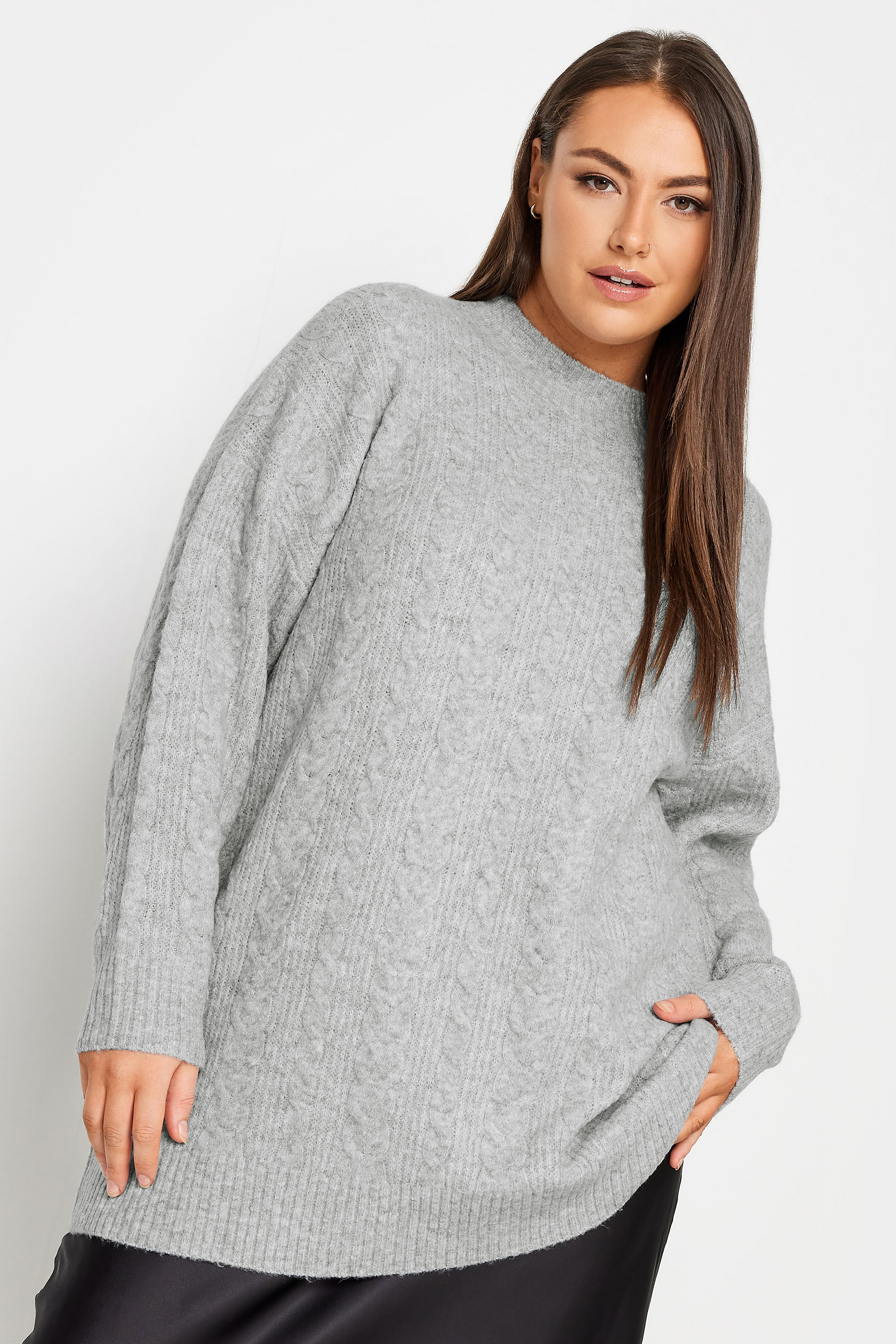 YOURS Plus Size Grey Cable Knit Turtle Neck Jumper | Yours Clothing 1