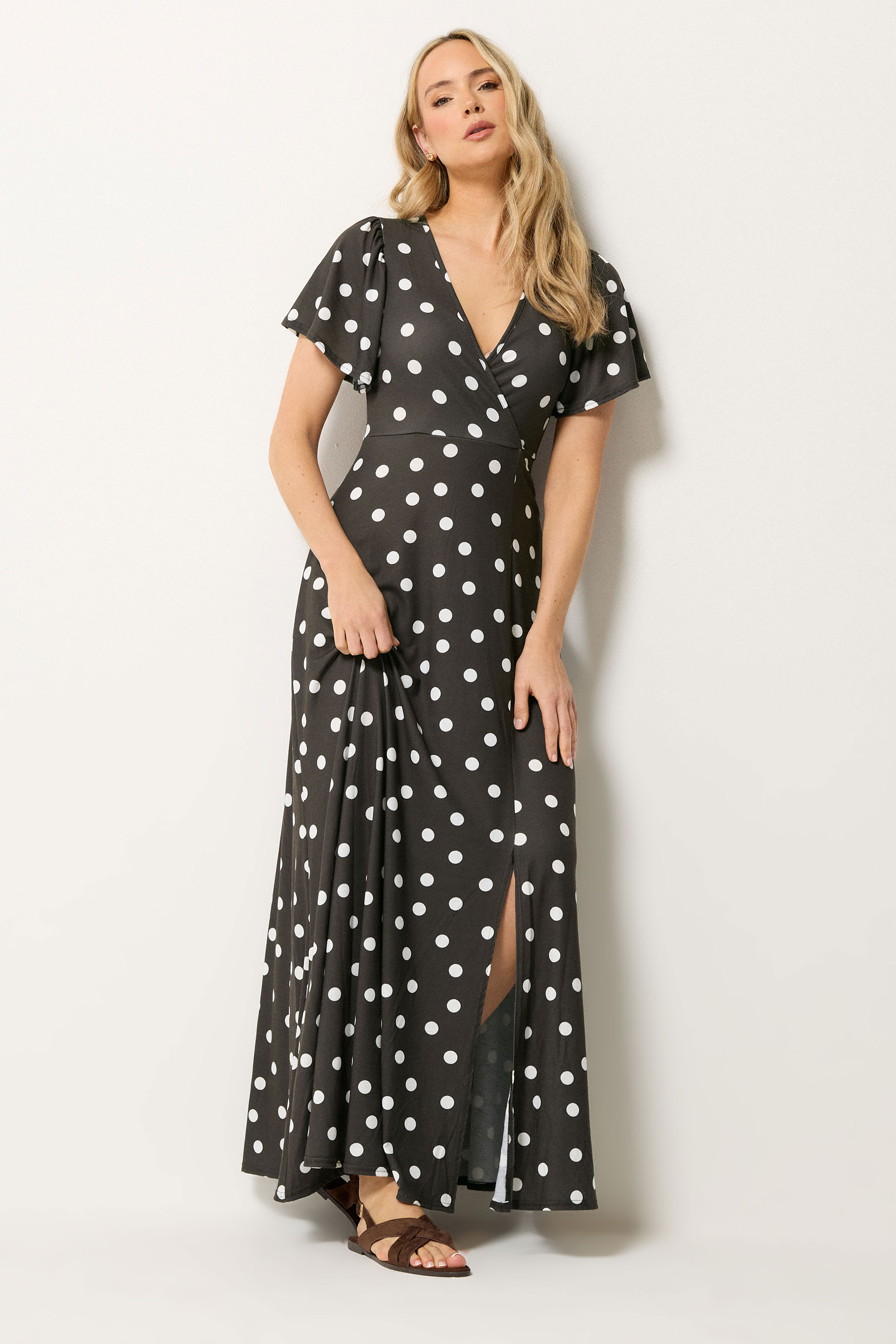 LTS Tall Women's Chocolate Brown Polka Dot Wrap Maxi Dress | Long Tall Sally  1