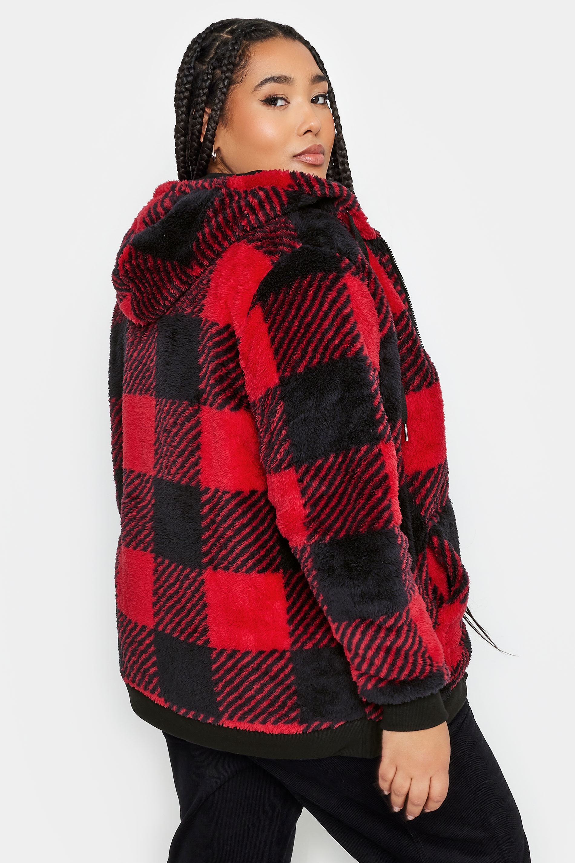 YOURS Curve Plus Size Red Tartan Print Fleece Pyjama Bottoms