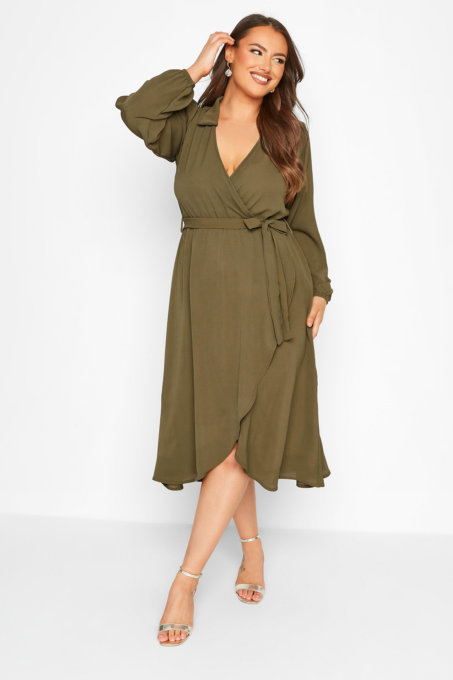 LIMITED COLLECTION Plus Size Khaki Green Wrap Dress | Yours Clothing 2