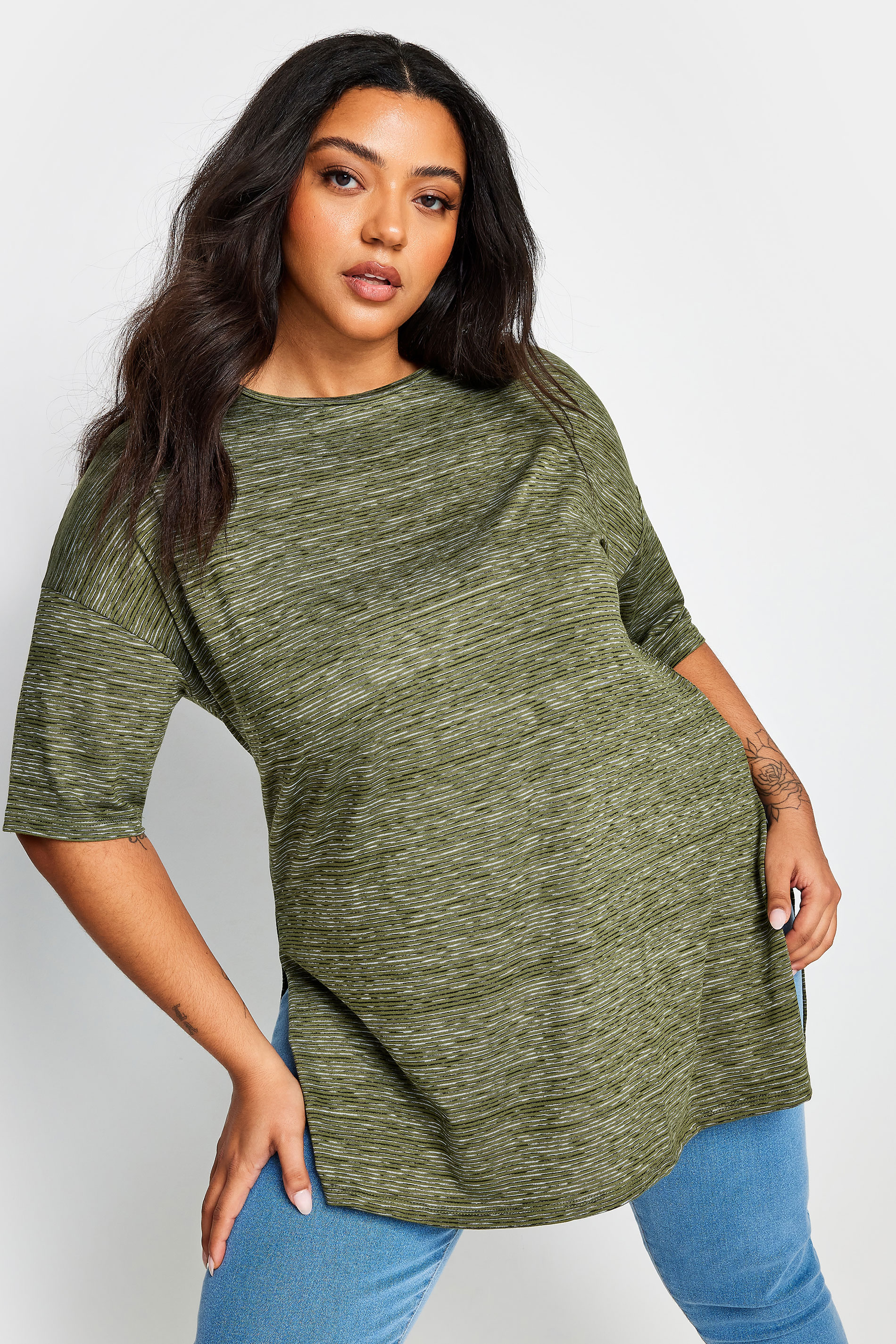 YOURS Curve Green Striped Oversized Top | Yours Clothing 1