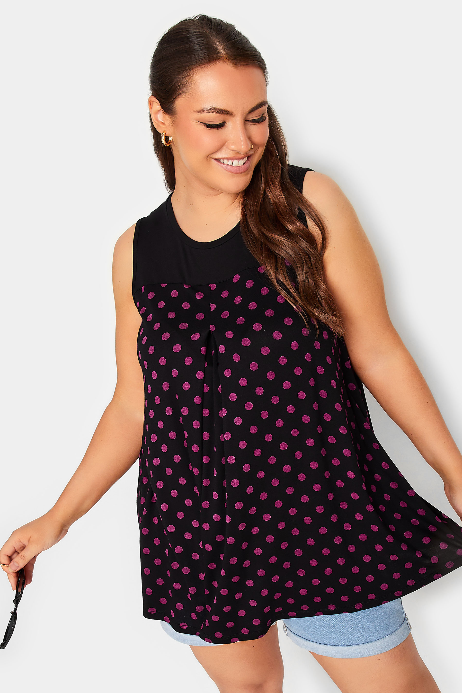 YOURS Plus Size Black & Pink Spotted Pleat Vest Top | Yours Clothing 1