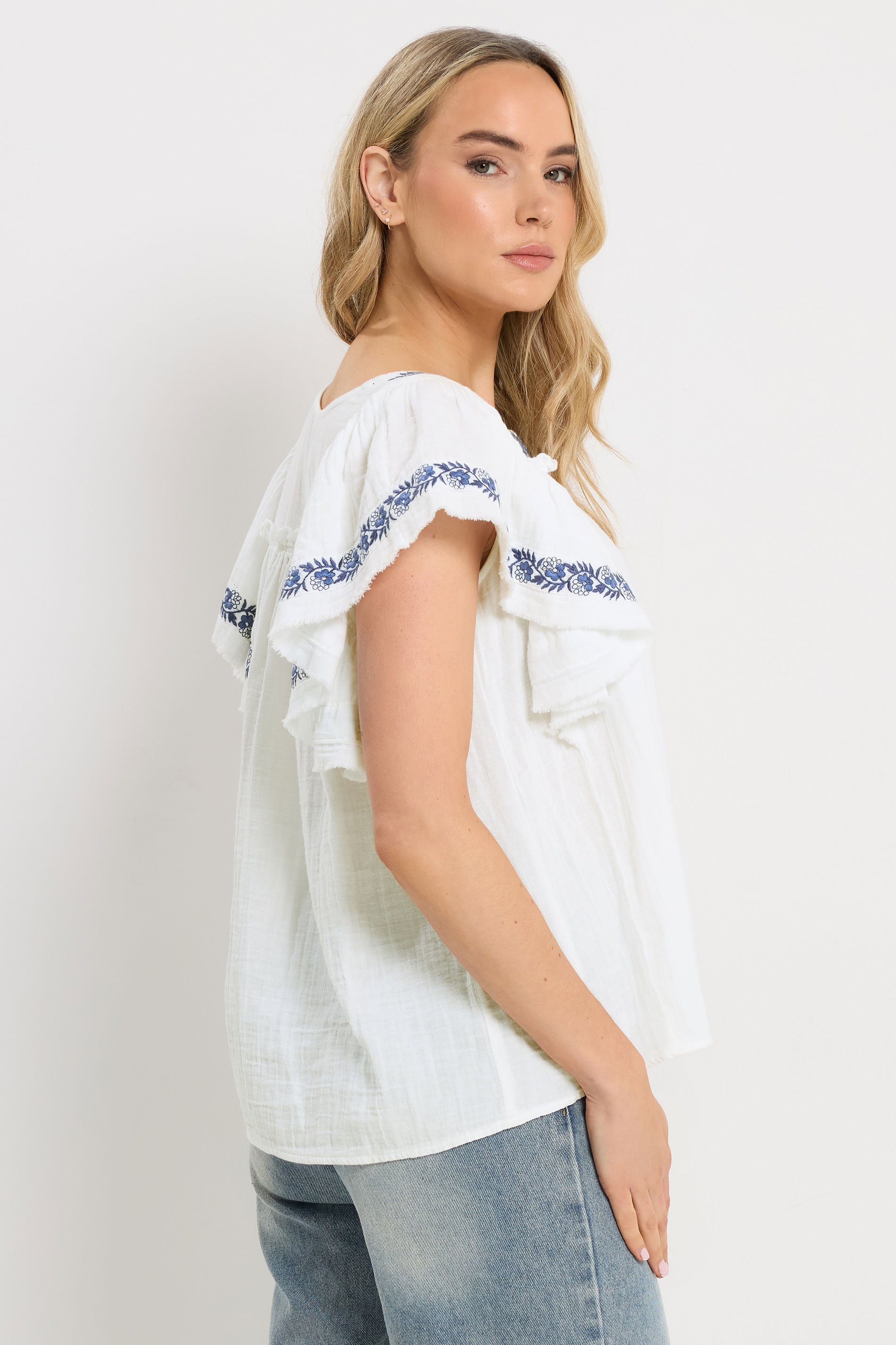 LTS Tall Women's White Embroidered Cotton Square Neck Top | Long Tall Sally 2