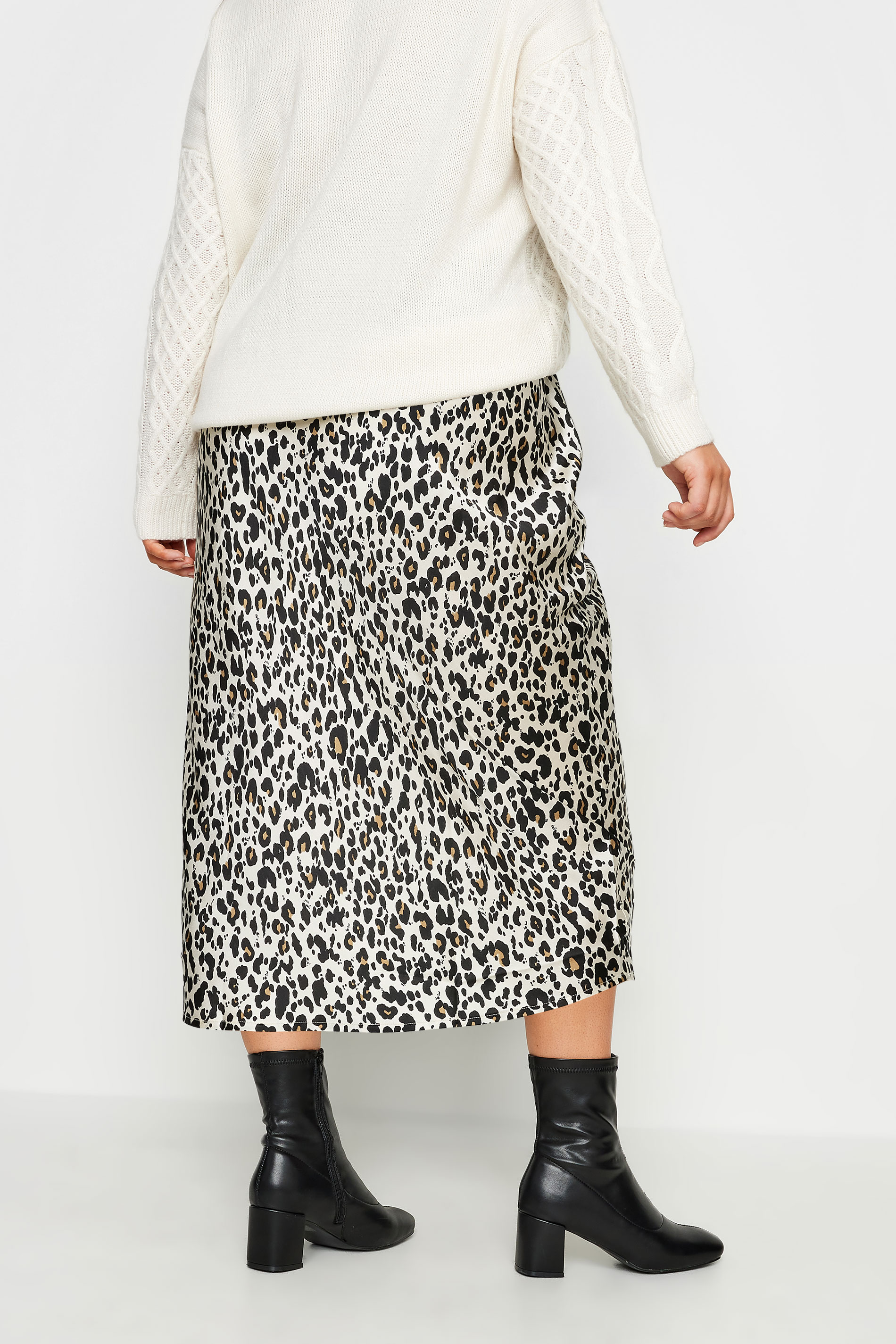 YOURS Plus Size Cream Leopard Print Satin Midi Skirt | Yours Clothing 3
