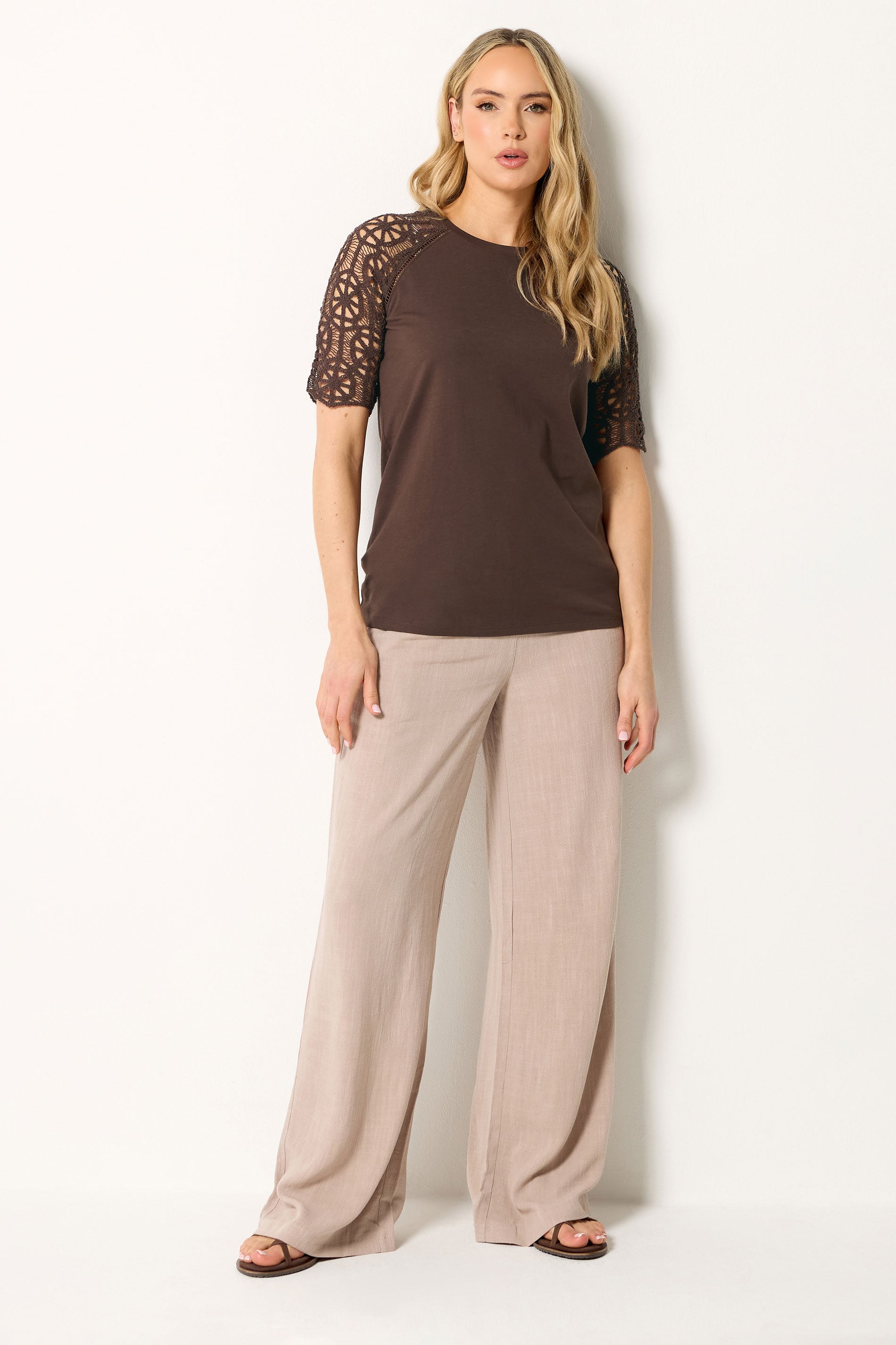 LTS Tall Women's Chocolate Brown Crochet Raglan Cotton T-Shirt | Long Tall Sally 1
