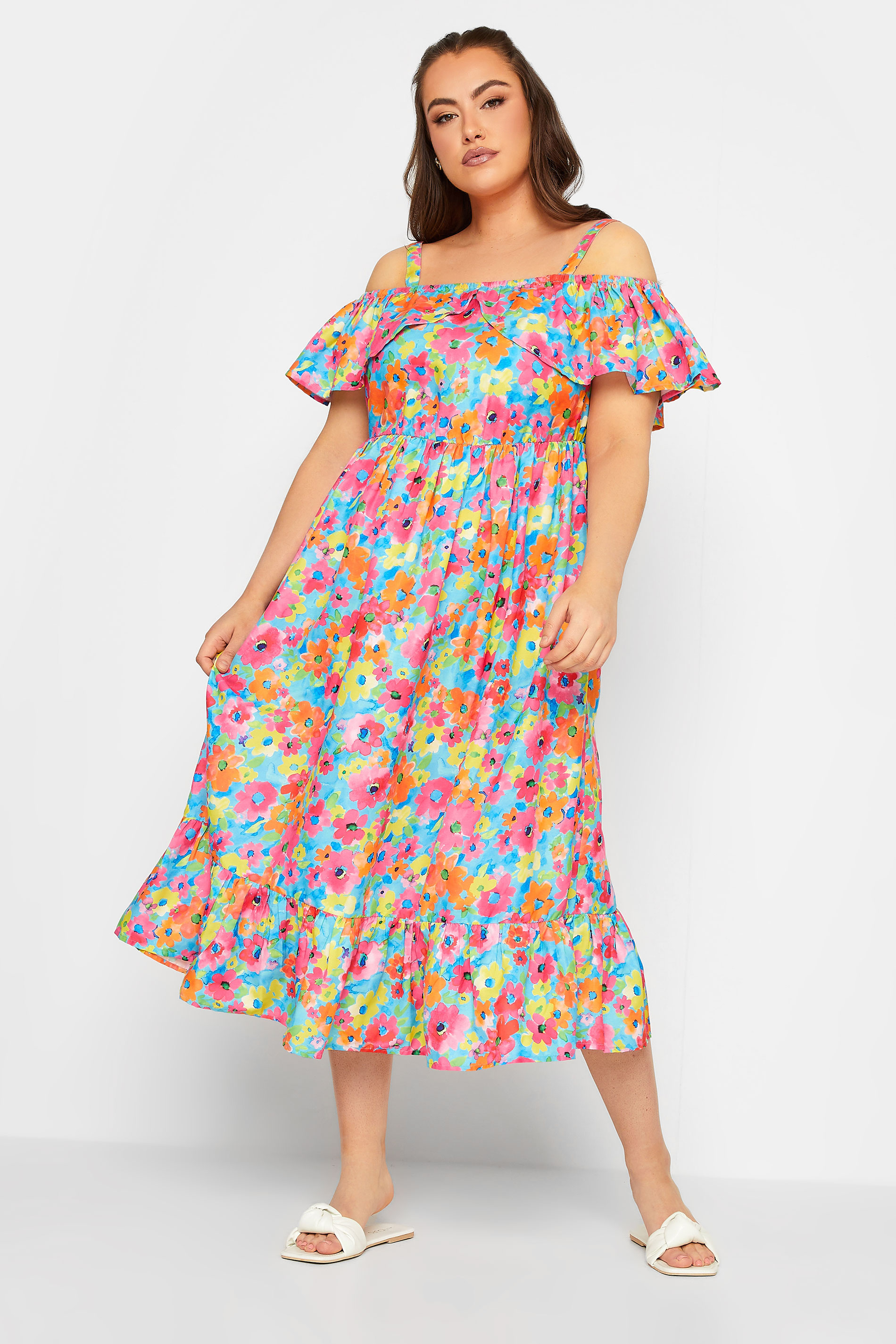 LIMITED COLLECTION Plus Size Blue Floral Frill Cold Shoulder Midi Dress | Yours Clothing 2