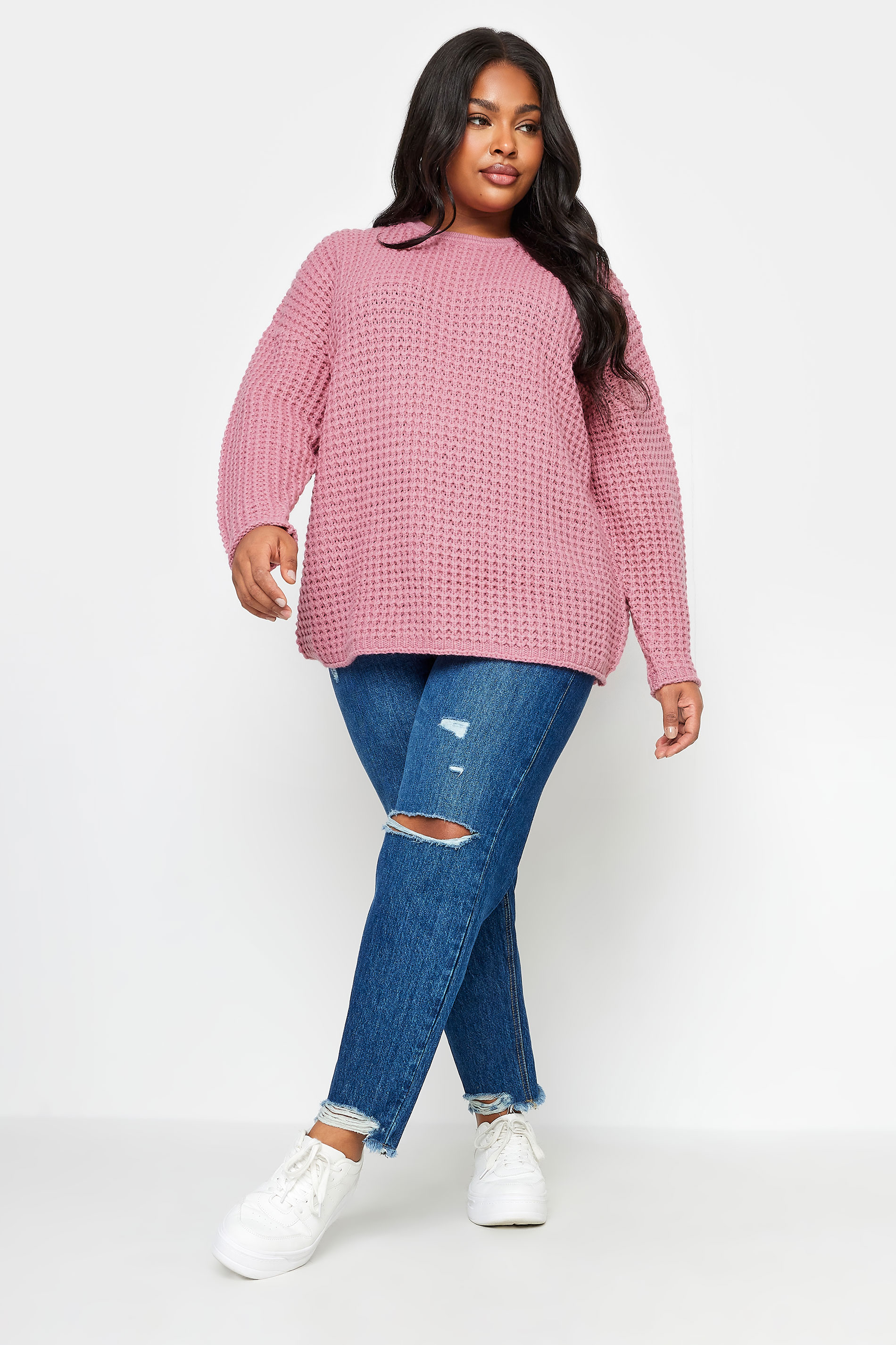 YOURS Plus Size Pink Waffle Knit Jumper | Yours Clothing 3