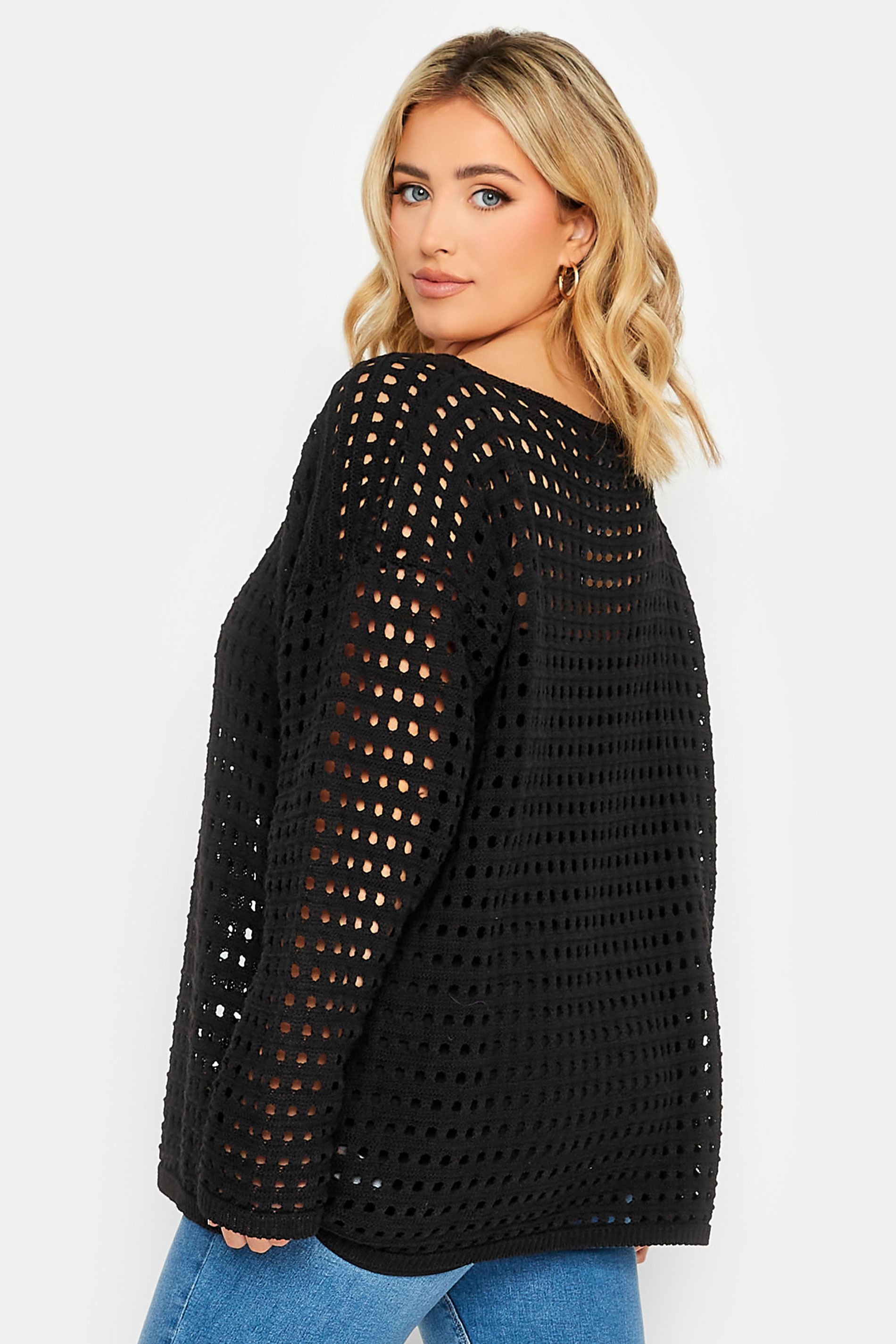 YOURS Plus Size Black Crochet Tunic Jumper | Yours Clothing  3