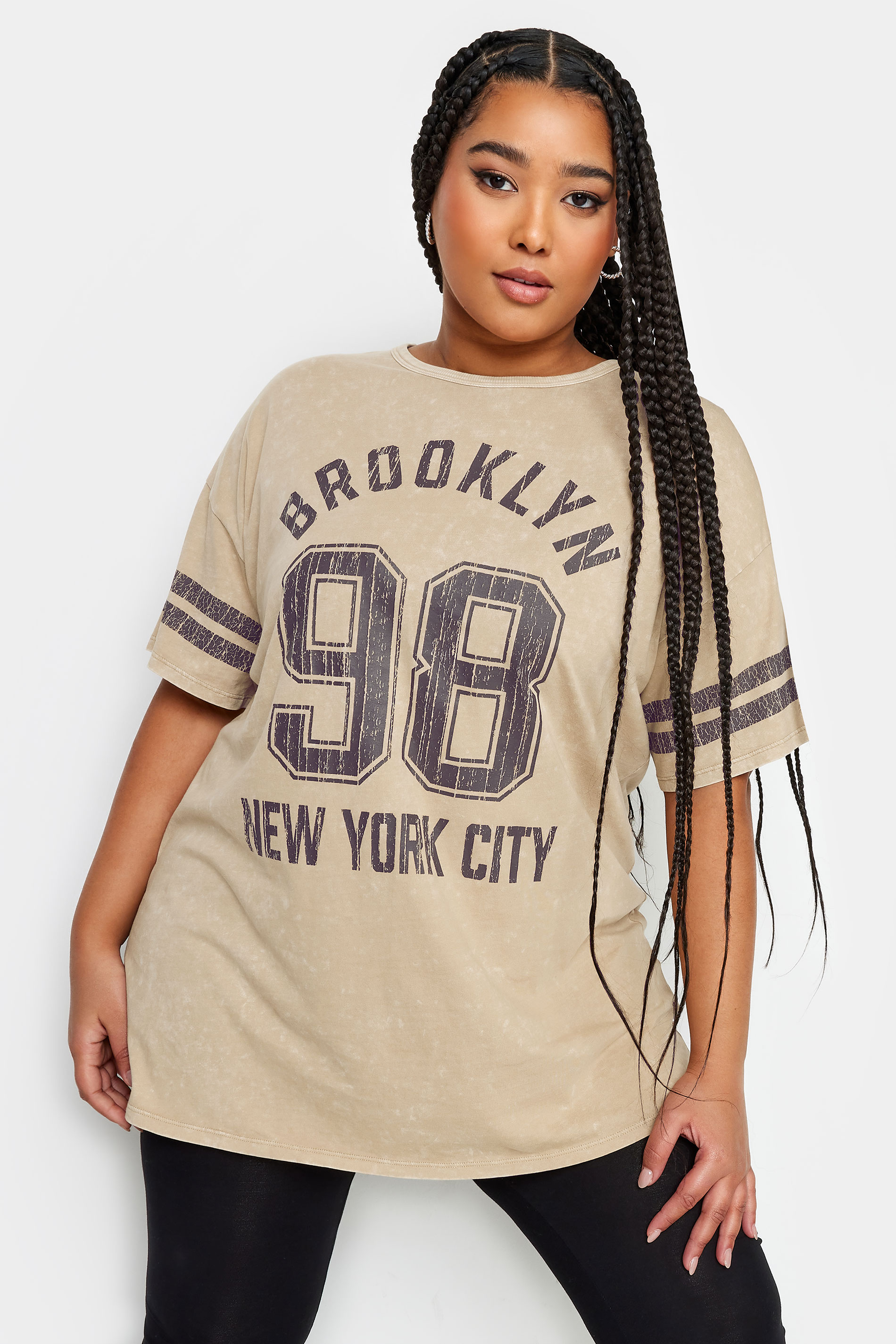 YOURS Plus Size Beige Brown 'Brooklyn' Slogan Acid Wash Varsity T-Shirt | Yours Clothing 2