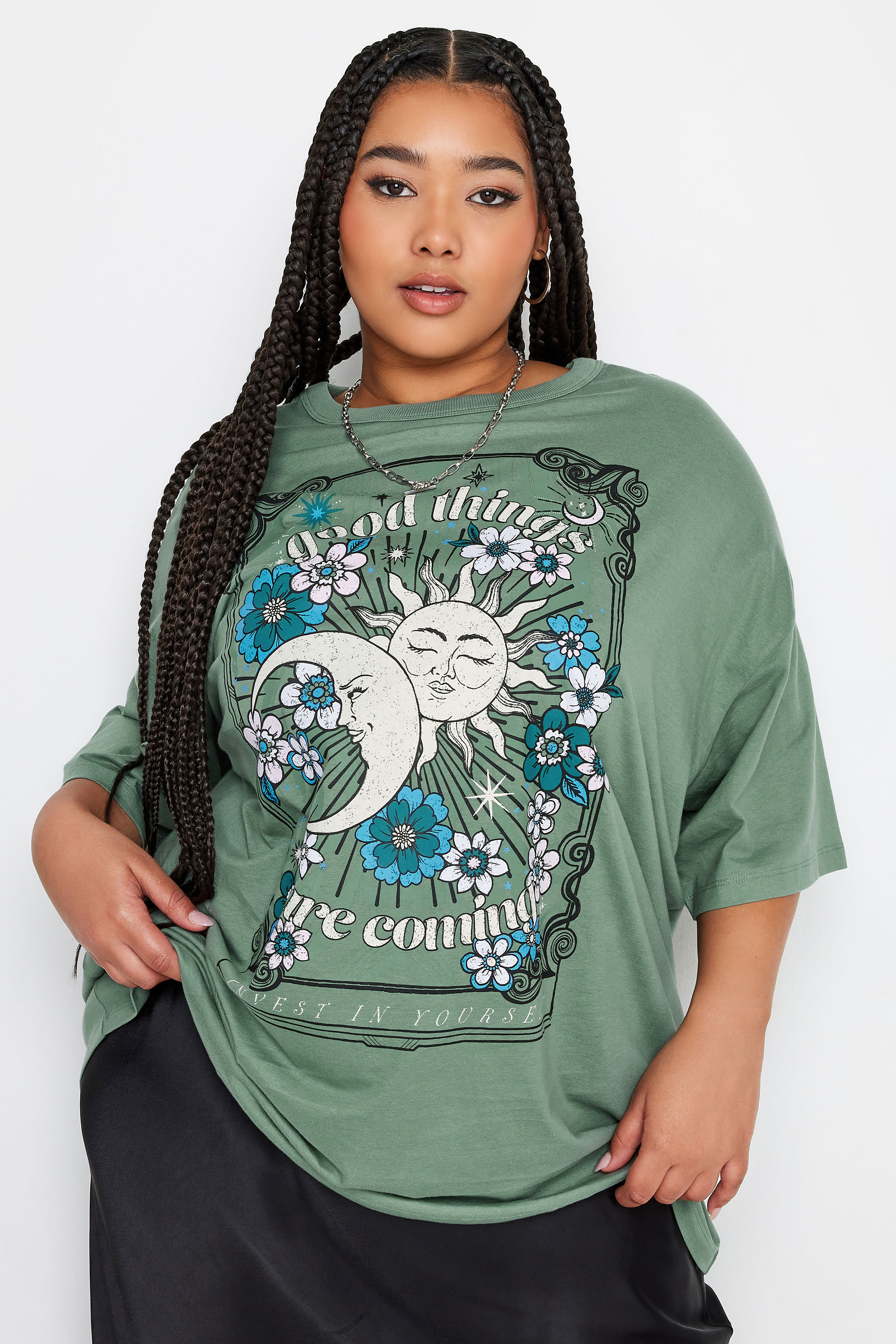 YOURS Plus Size Green 'Good Things Are Coming' Slogan Oversized Boxy T-Shirt | Yours Clothing 1