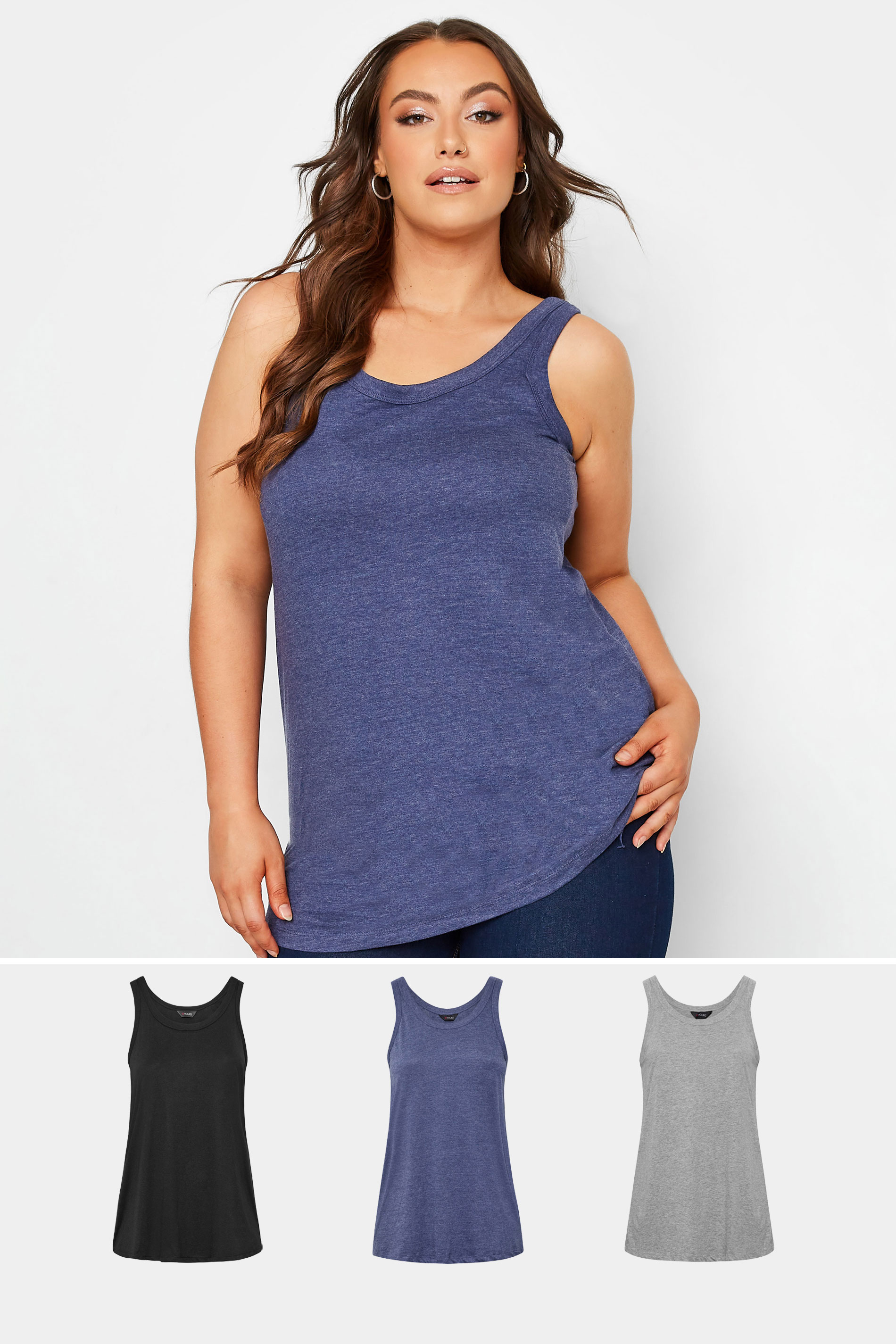  3 PACK Curve Black & Grey Vest Tops | Yours Clothing  1