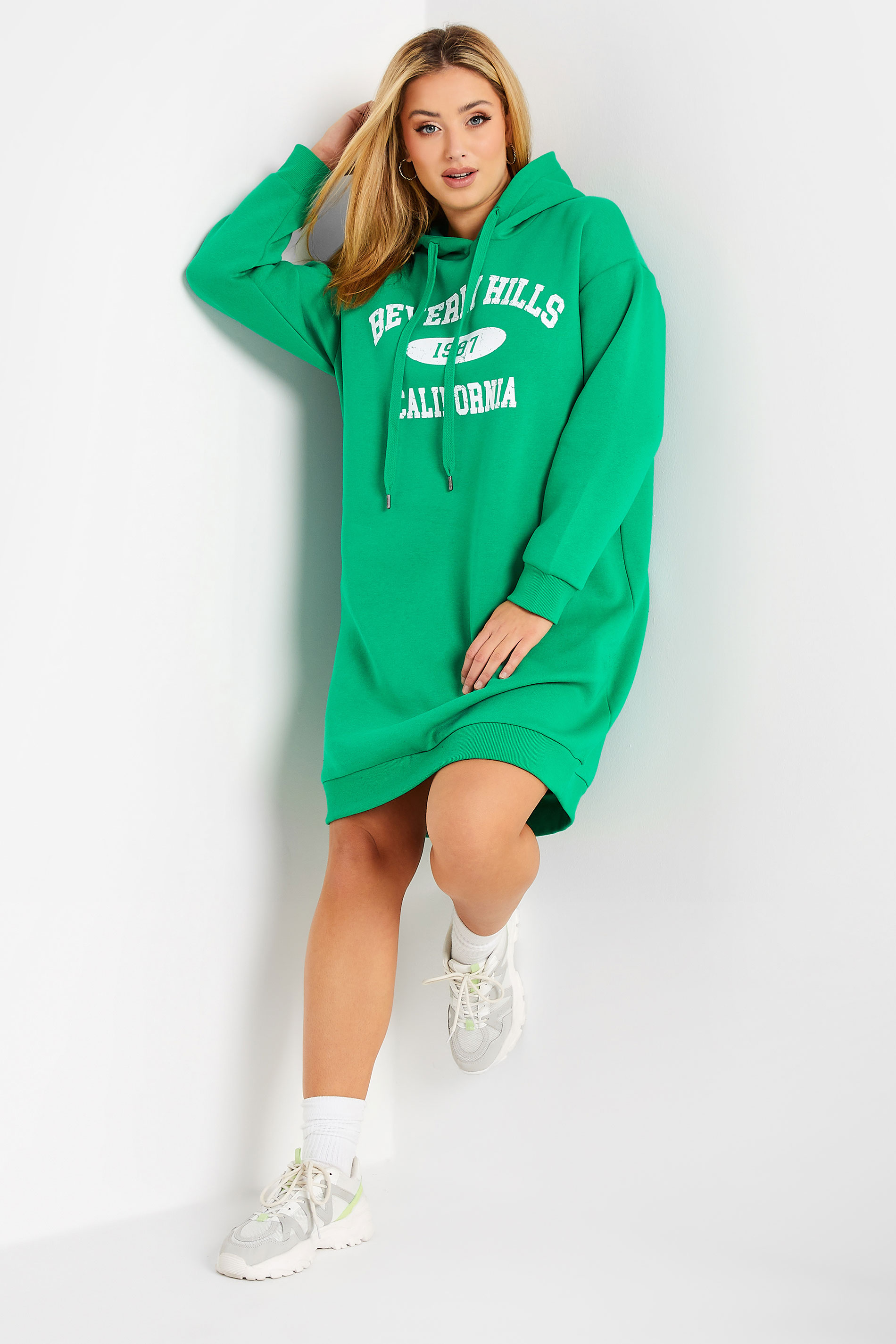 Plus Size Green 'Beverly Hills' Slogan Hoodie Dress | Yours Clothing 1