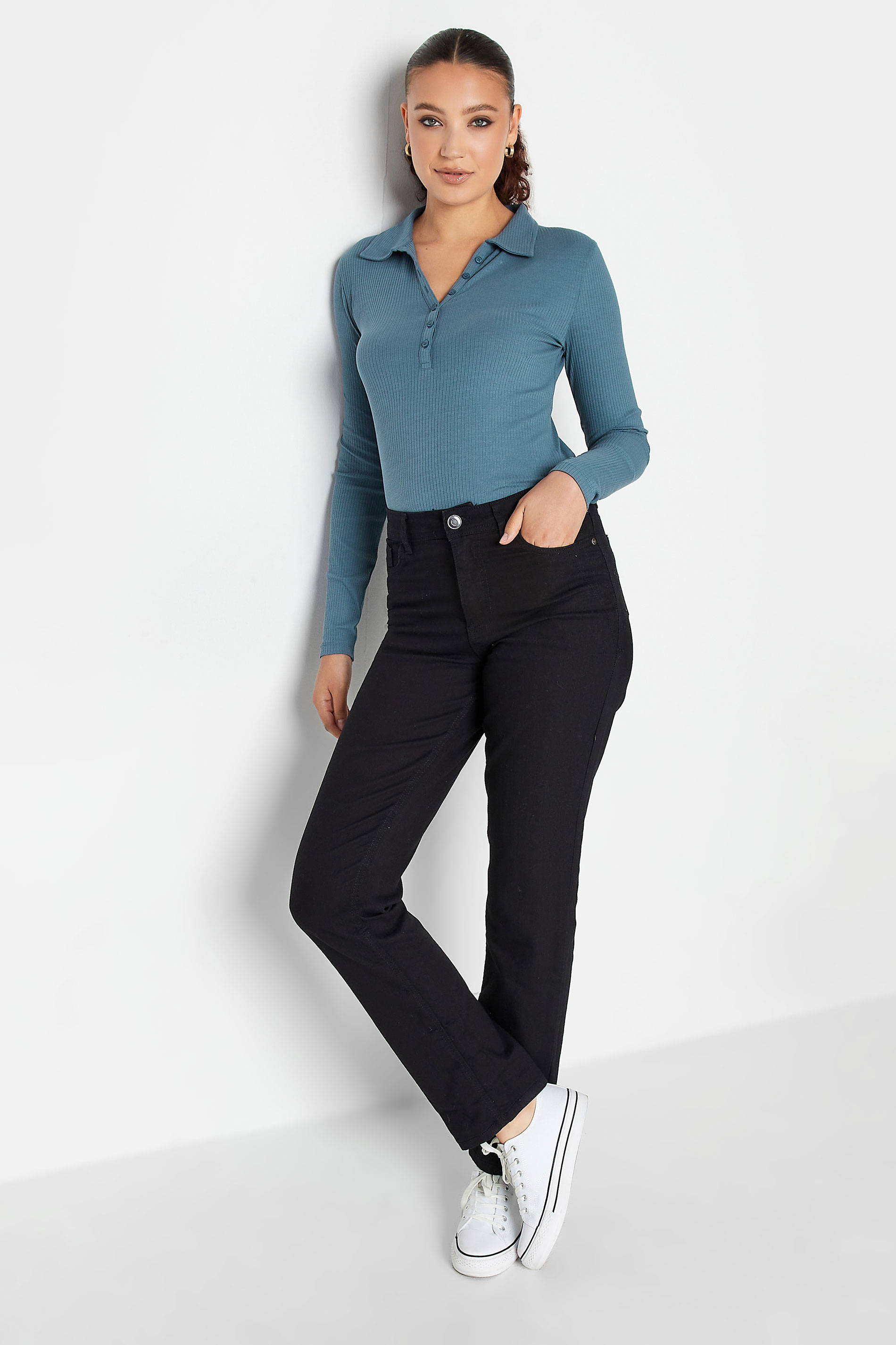 LTS Tall Grey Ribbed Button Detail Collared Top | Long Tall Sally 2